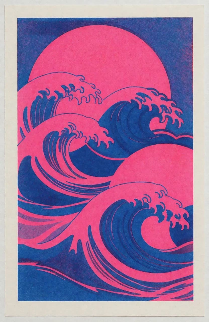 Risograph-style art print: large overlapping sun and wave motifs printed in fluorescent pink and ultramarine blue with visible misregistration and overprint texture, coarse paper grain, bold graphic shapes, no text, gallery-quality poster.