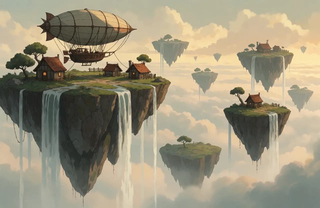 Flat concept art of floating islands above a sea of clouds at golden hour, thin waterfalls pouring off the rock edges into mist, a tiny airship tethered to the largest island, tiny huts with warm windows, muted sage cream and rust palette, painterly game-environment illustration.