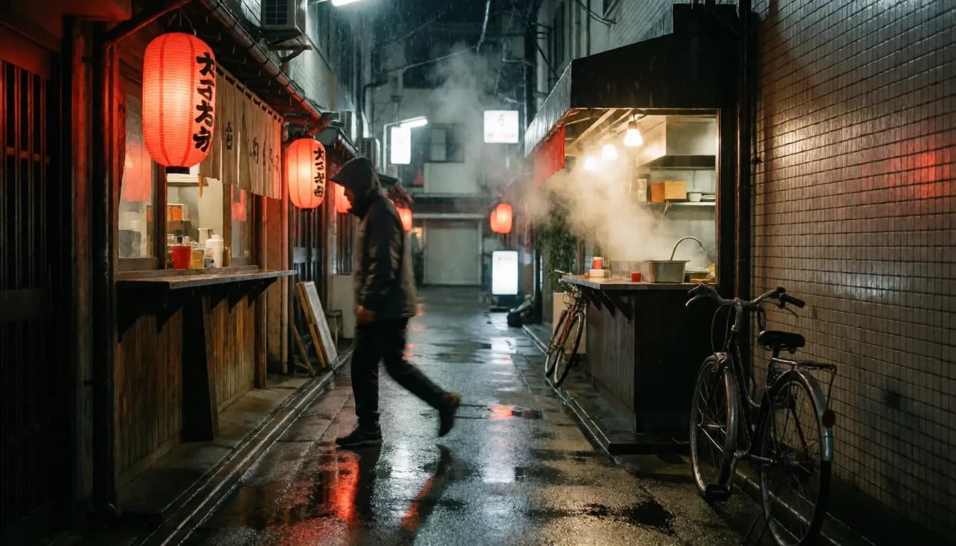 Night photograph of a narrow ramen bar alley after rain: red paper lanterns, steam rising from an open kitchen window, wet asphalt mirroring the light, a single bicycle parked against the tiled wall, anorak-clad passer-by mid-step, cinematic 35mm photography, shallow depth of field.