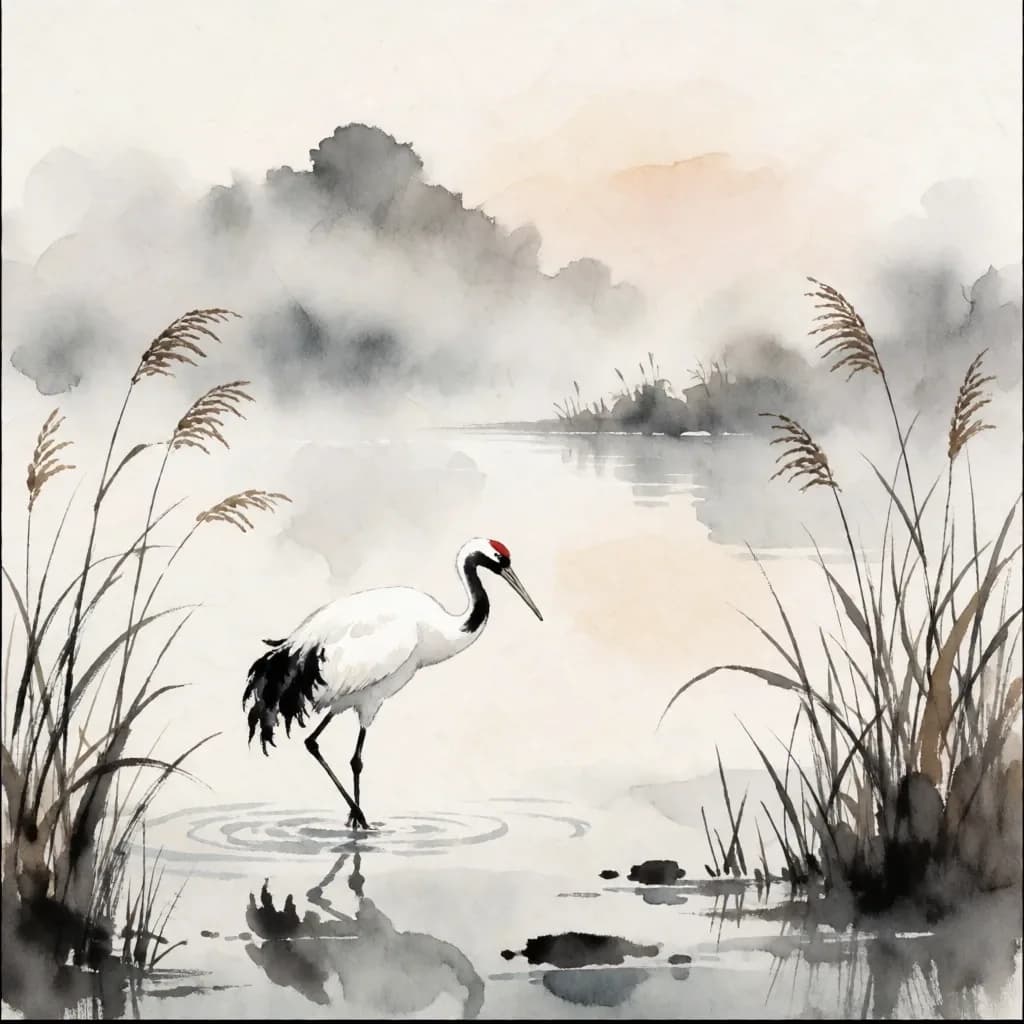 Minimal ink-wash watercolor painting: a single white crane wading in a misty lake at dawn, a few loose brush strokes for the reeds, generous empty paper space, soft gray gradients, rice paper texture, traditional East Asian sumi-e aesthetic.