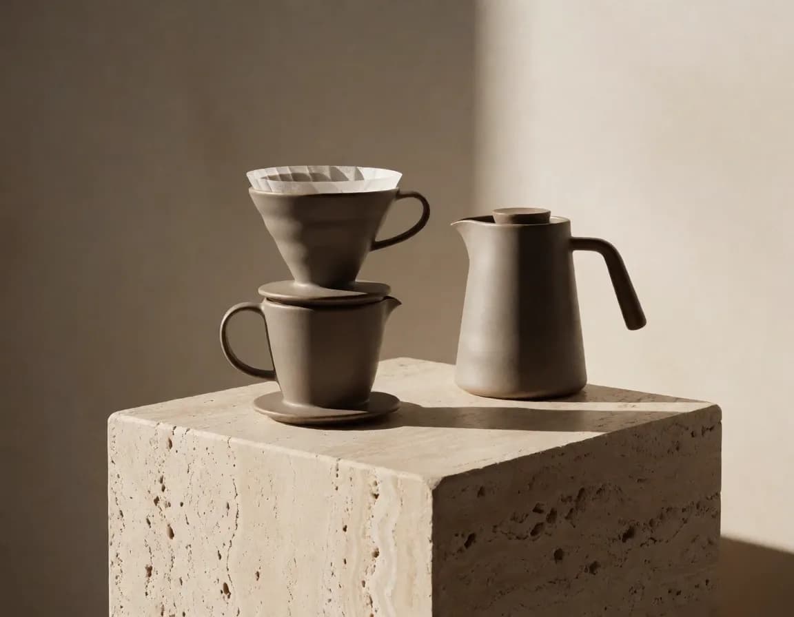 Minimal product hero photograph: a matte ceramic pour-over coffee dripper and carafe set arranged on a travertine stone pedestal, one hard edge of morning light casting a long soft shadow, warm neutral studio background, subtle surface texture, high-end e-commerce still life.