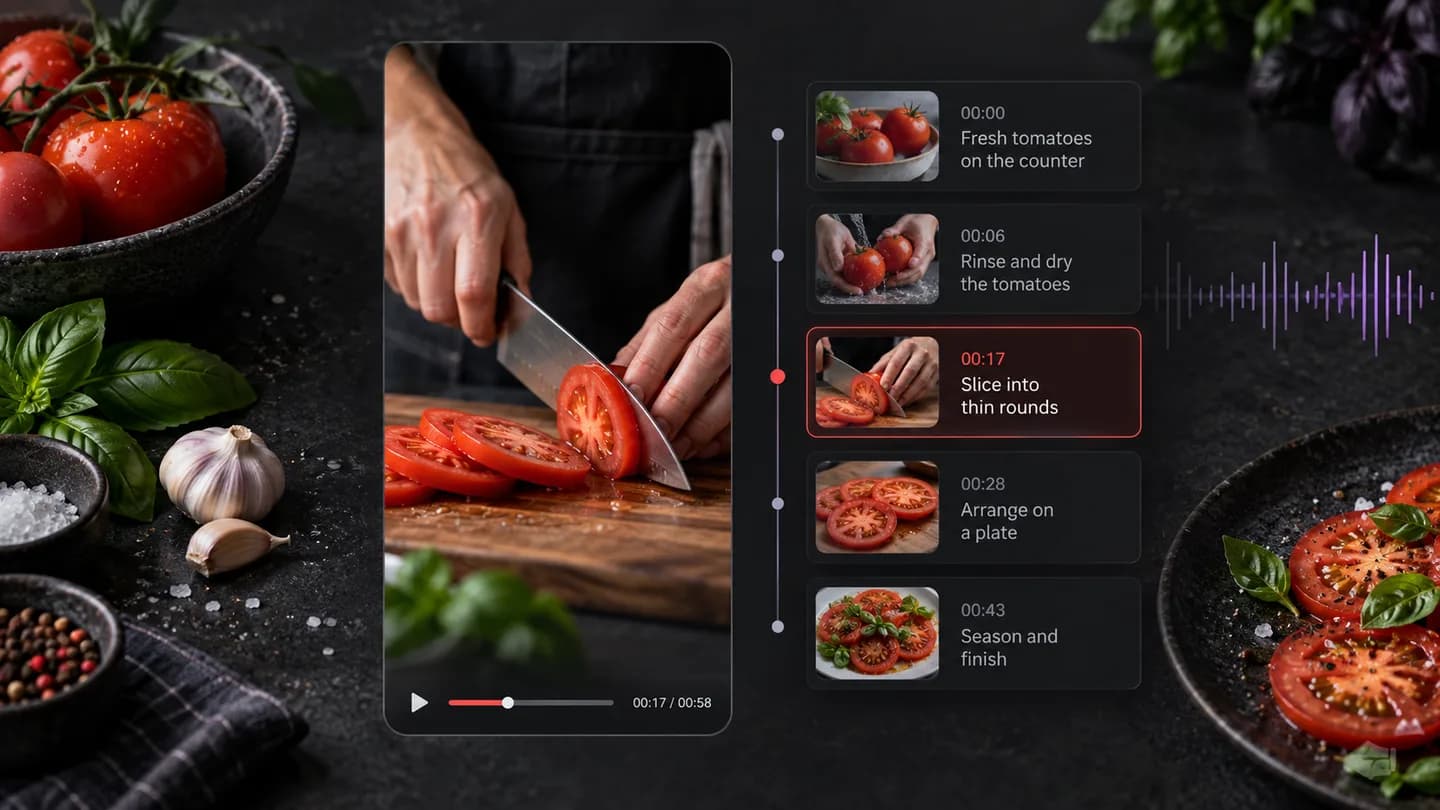 Turn a short cooking explanation into timed text. Keep the spoken quantities and steps, then ask for a structured recipe based on what was actually said.
