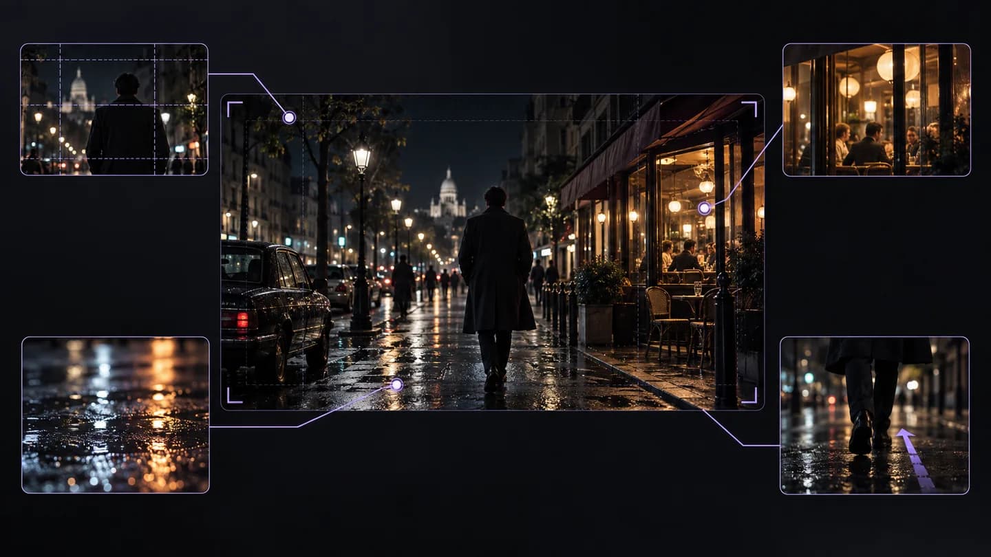 Separate a night scene into framing, wet reflections, warm storefront light and a camera-movement cue. Keep the treatment while changing the location, subject and story.