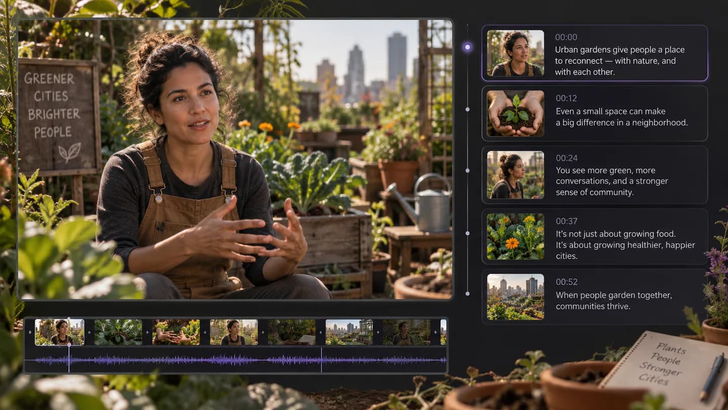 An interview about an urban garden becomes timestamped text. Use TXT for notes and SRT or VTT when you need timed captions in an editor.
