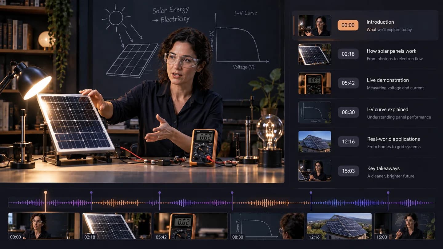 Turn a solar-panel tutorial into timed text so installation steps and explanations can be found, copied and discussed without manually writing out the recording.