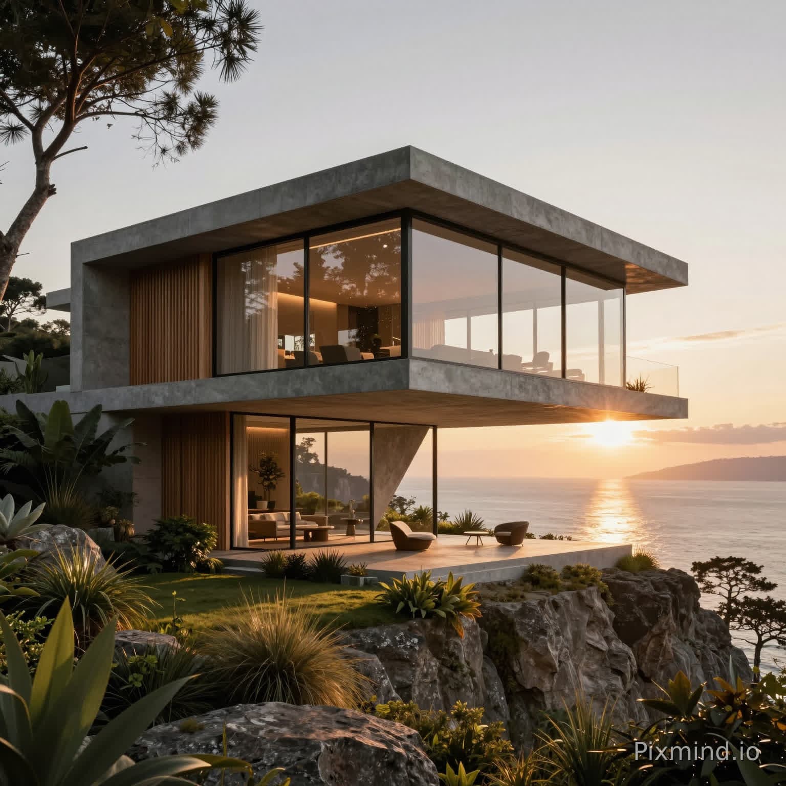 Professionelle Architekturvisualisierung einer luxuriösen modernen Residenz, mit einem auskragenden geometrischen Desig…