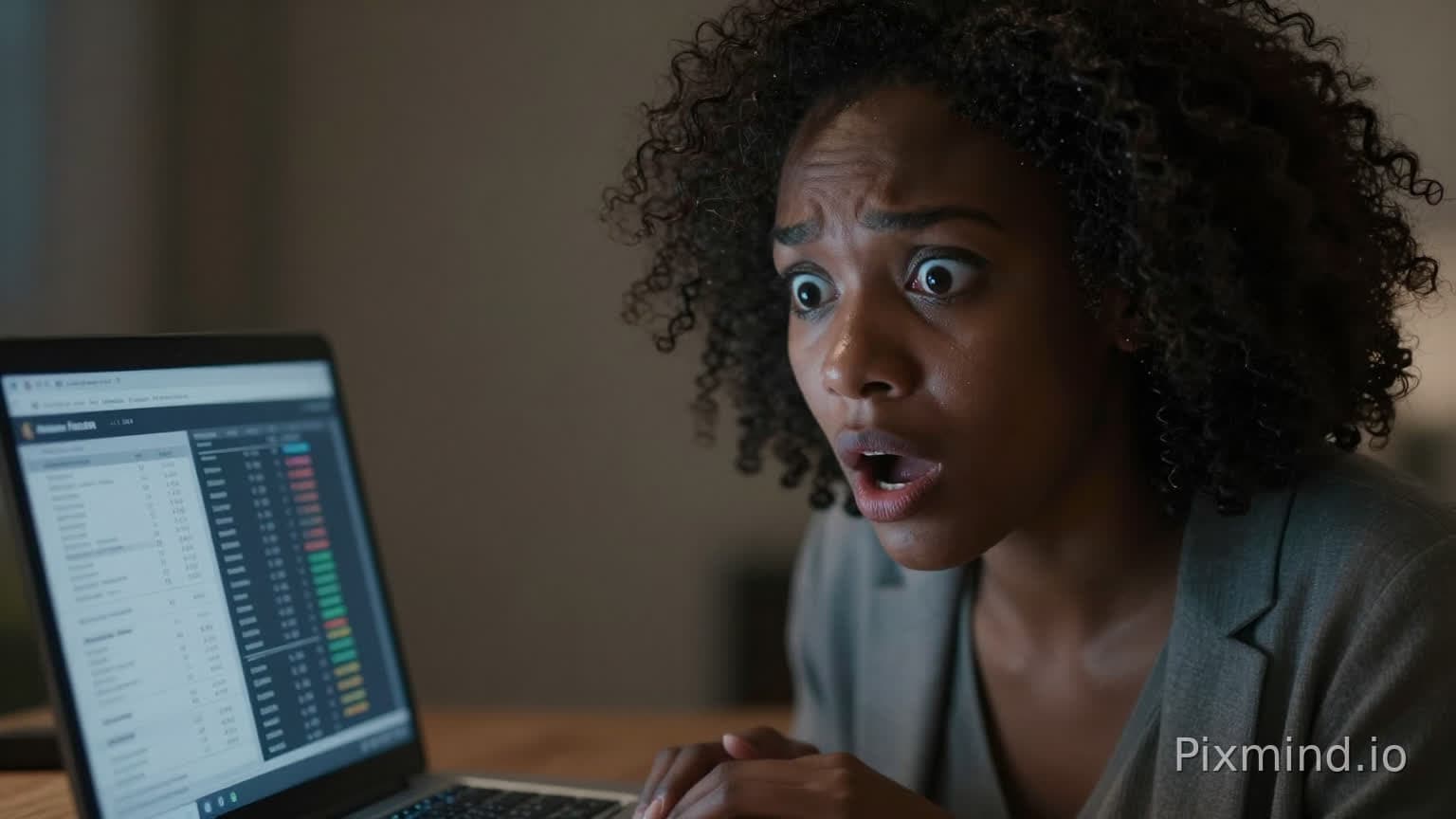 Afrikanische Frau starrt entsetzt auf einen Laptopbildschirm, der Finanzinformationen zeigt, die Augen weit geöffnet, d…
