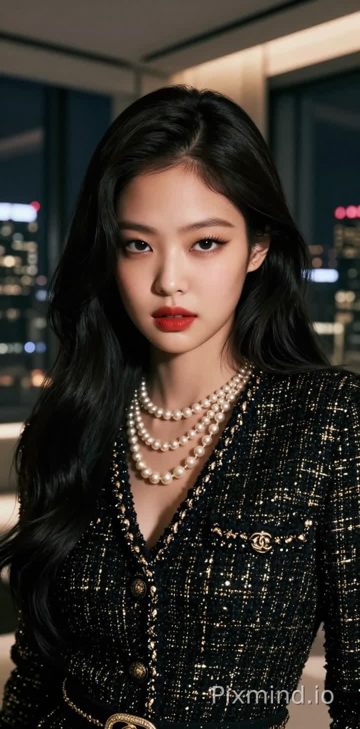Jennie Kimの息をのむような超写実的な肖像画。この韓国のK-POPアイドルは、彼女の象徴的な「人間シャネル」と称される猫のようなクールで洗練された美しさを披露しています。彼女は非常に精巧な顔立ちをしており、魅力的なアーモンド形の瞳…