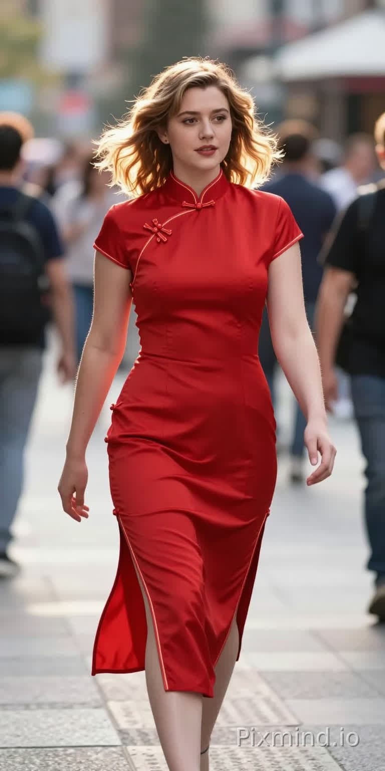 Mary Elizabeth Winstead in einem lebendigen roten Cheongsam mit modernem Schnitt, mitten in der Bewegung, beim Spazierg…