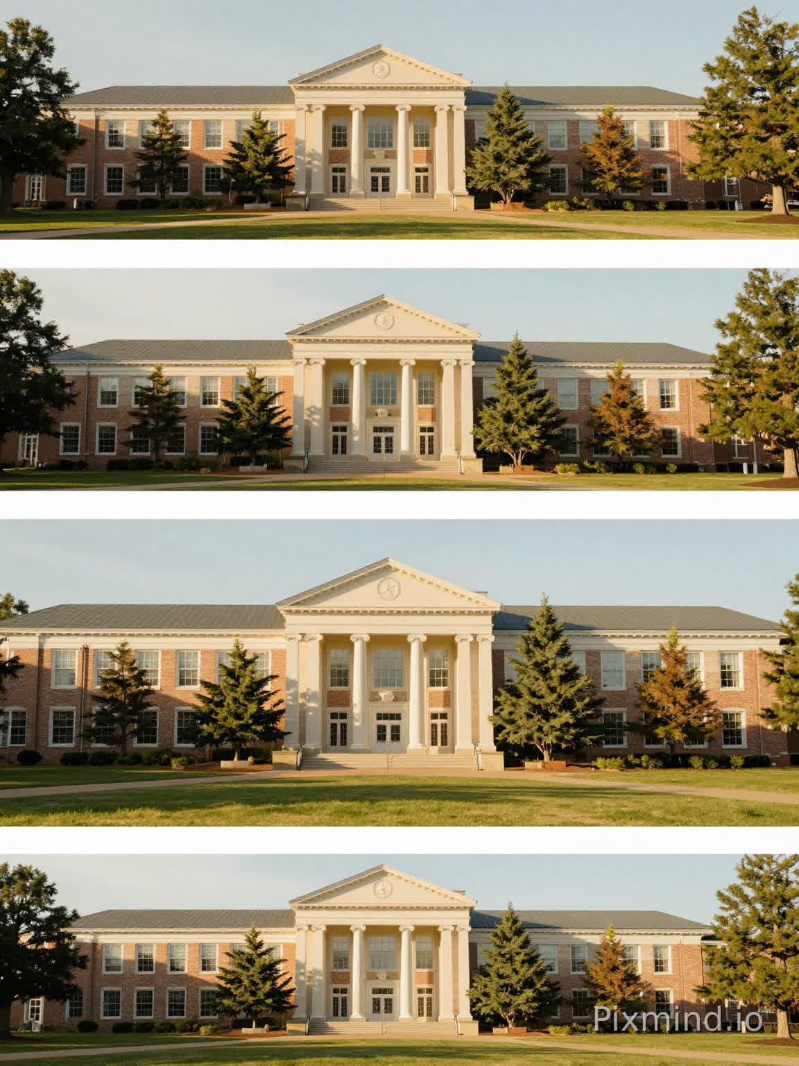 8K frische ästhetische Campus-Collage, vertikales 3:4-Layout, vier zusammengesetzte klassische Architekturblicke auf Je…