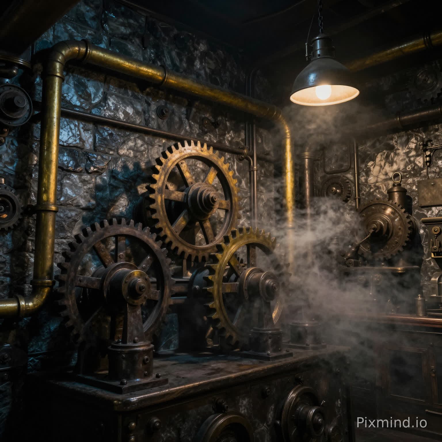 Dunkler realistischer fotografischer Hintergrund, eine retro Steampunk-Szene im Stil der industriellen Revolution. Im H…