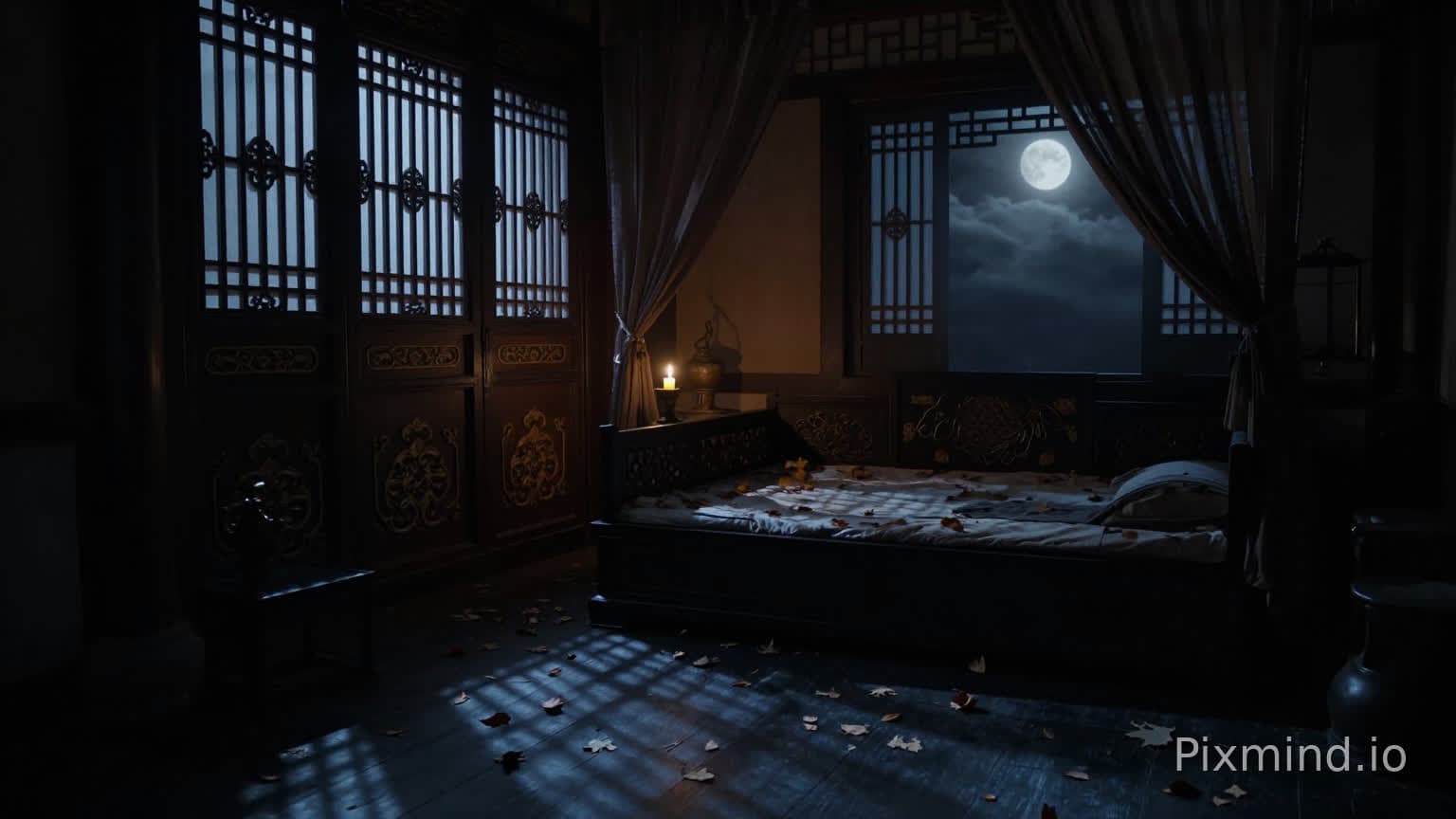 Altes fiktives chinesisches Kaiserreich, Spätherbst, Nacht, bewölkt, Schlafgemach der Residenz des Kaiserschwiegersohns…