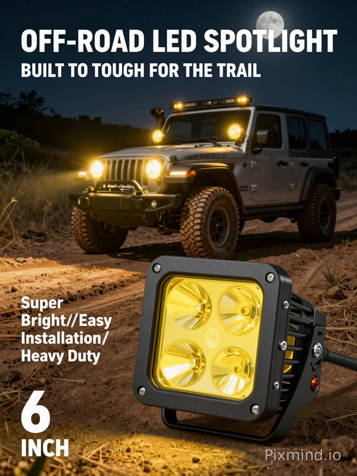 Pozytywne podpowiedzi 1:1 kwadrat, plakat e-commerce z reflektorem LED off-road Pierwszy plan: 6-calowy reflektor listw…