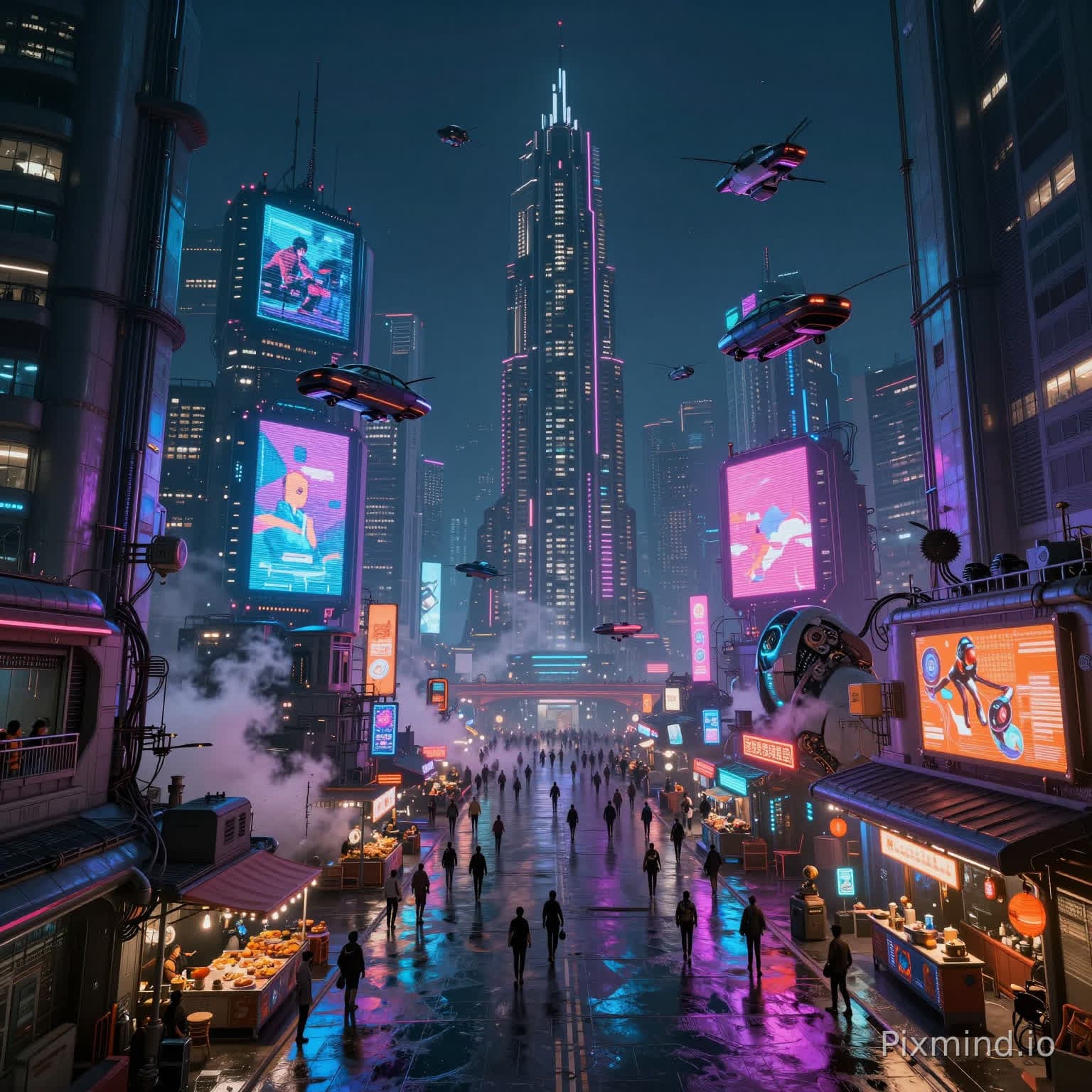 Een futuristische cyberpunkstad 's nachts gevuld met neonlichten en geavanceerde technologie in een filmische cyberpunk…