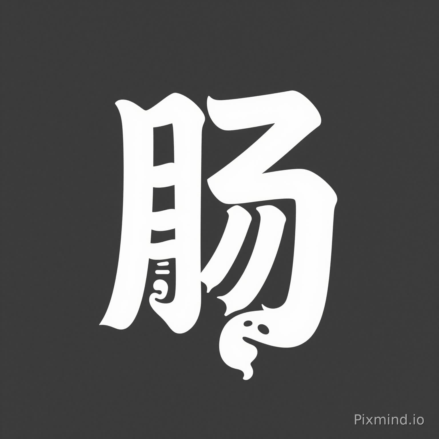 「肠」という字のフォントデザイン：腸を表すアイコン要素を文字の部首に取り入れる。ベクター、単色、丸ゴシック体。文字の「月」の部首を腸のアイコンと融合させる。