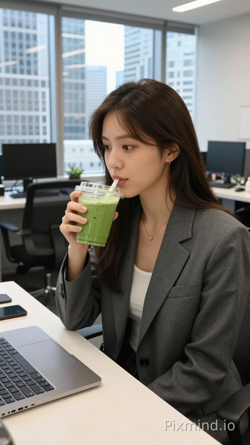 Eine Frau Mitte 20 genießt einen Matcha-Latte-Drink bei der Arbeit. Realistische Büroumgebung. Realistisches Bild. Tech…