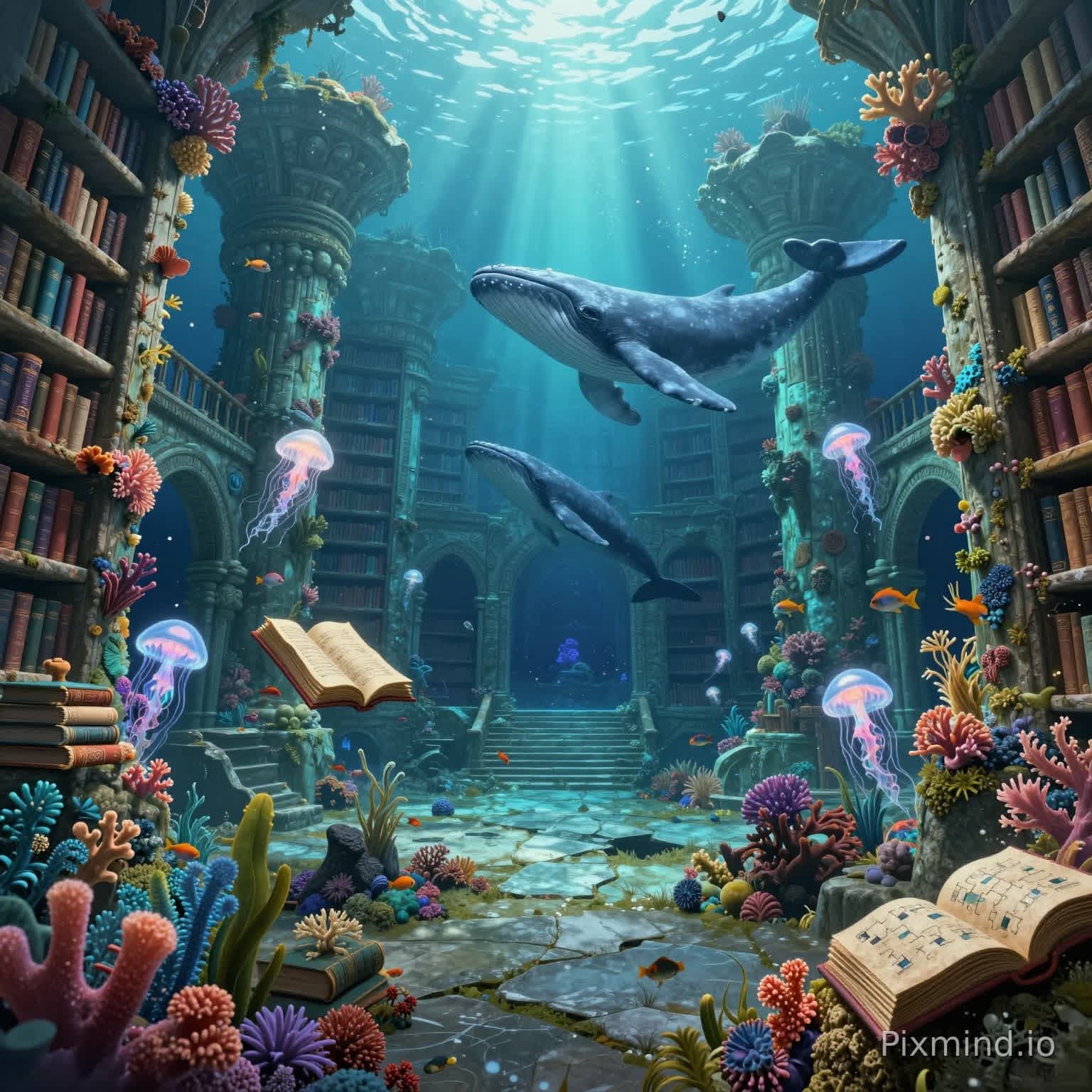 Eine sehr detaillierte Illustration, konzipiert für eine Puzzle-Zusammensetzung, die eine alte Unterwasser-Bibliotheksr…