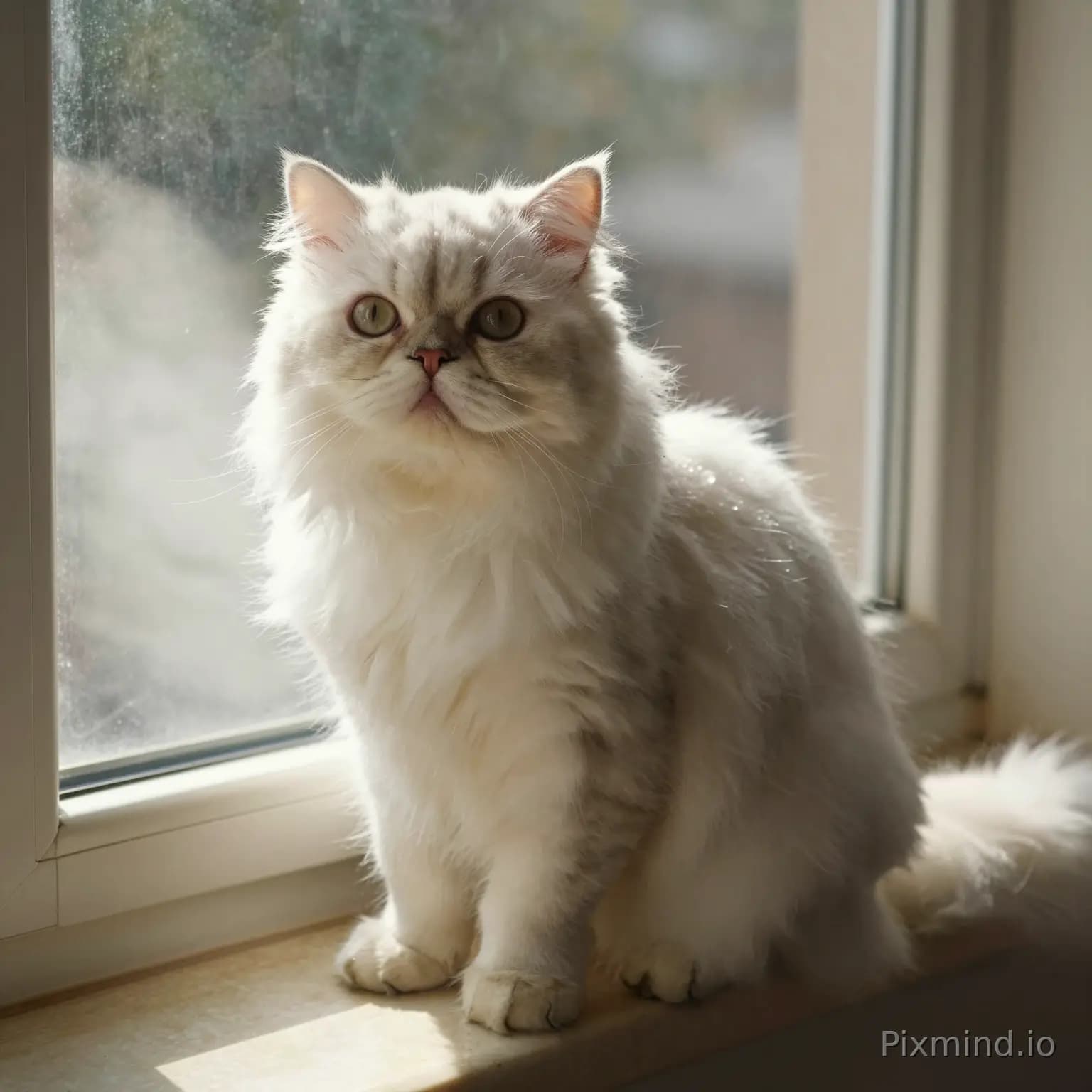 Eine weiße Perserkatze sitzt auf dem Fensterbrett, Sonnenlicht strömt herein, warmes Licht