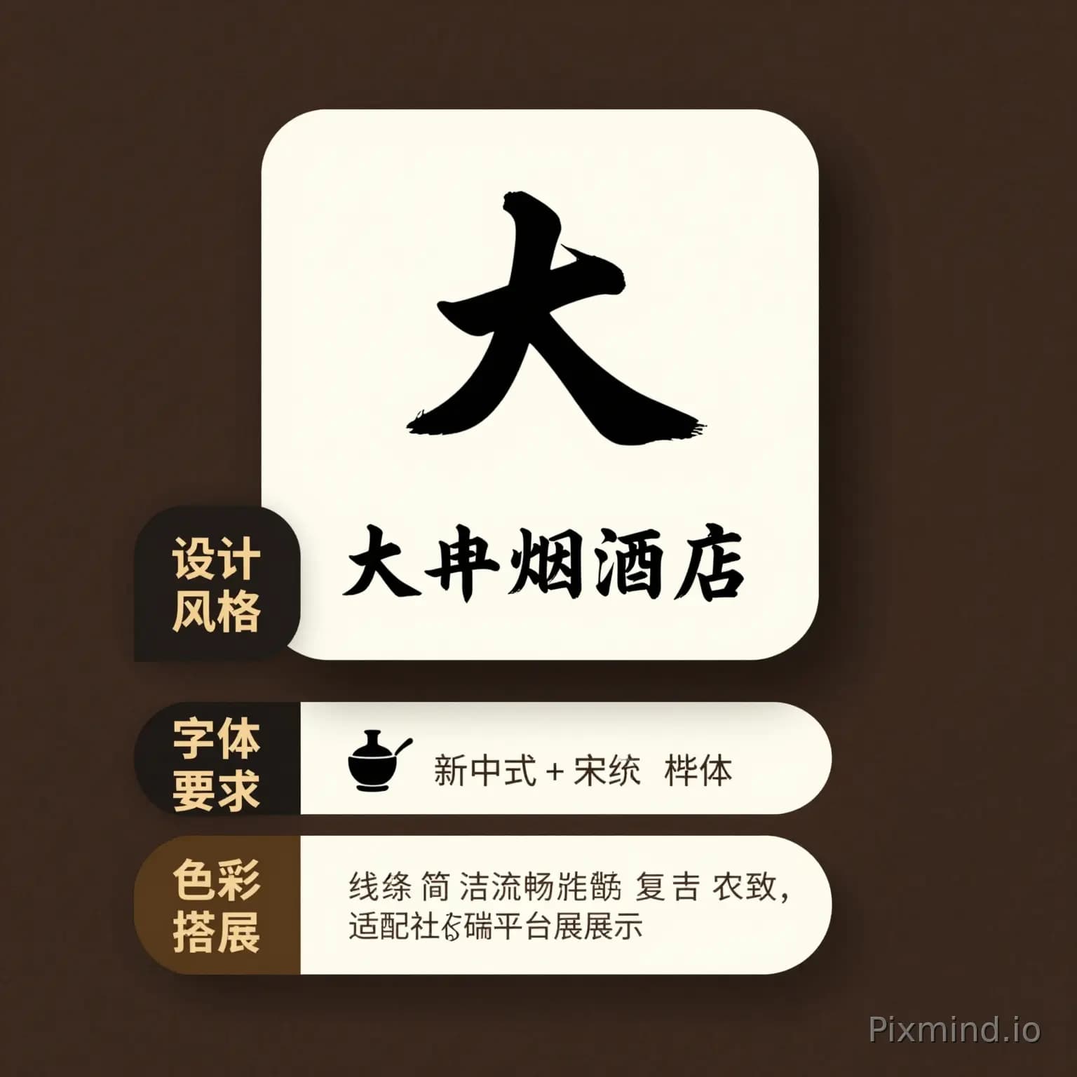 { "logo 名称": "大冉烟酒店", "应用场景": "抖音账号头像、微信名片头像", "设计风格": "新中式 + 极简风，拒绝卡通、童趣风格，整体大气沉稳", "主体元素": "融合书法字体「大冉」+ 简约传统纹样，可搭配极简酒…