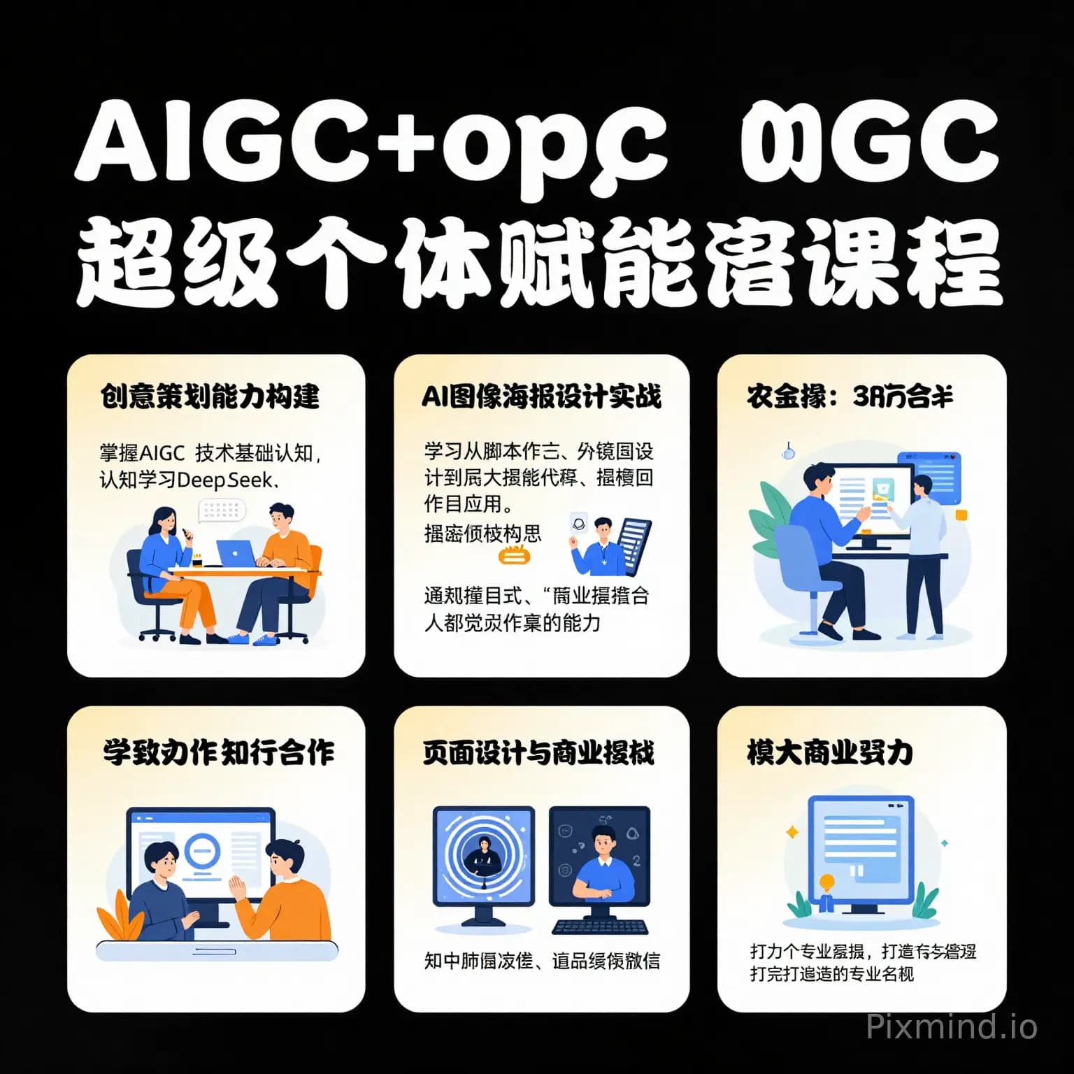 请设计一个AIGC+opc超级个体赋能培训课程的海报，内容参考如下内容进行提炼总结：课程对象 高校毕业生、失业人员、灵活就业、OPC（个体内容创作者）等有数字技能提升与就业创业需求的群体 课程价值 1、认知提升，创意先行：系统提升学员的…