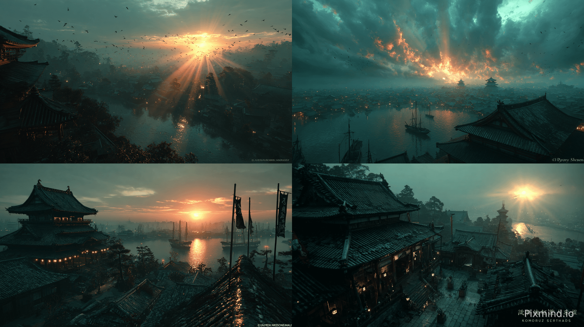 Ultra-wide epic bird's-eye view, "Kagemusha" film-graded cinematography, panoramic scene of Honno-ji temple in Kyoto, J…