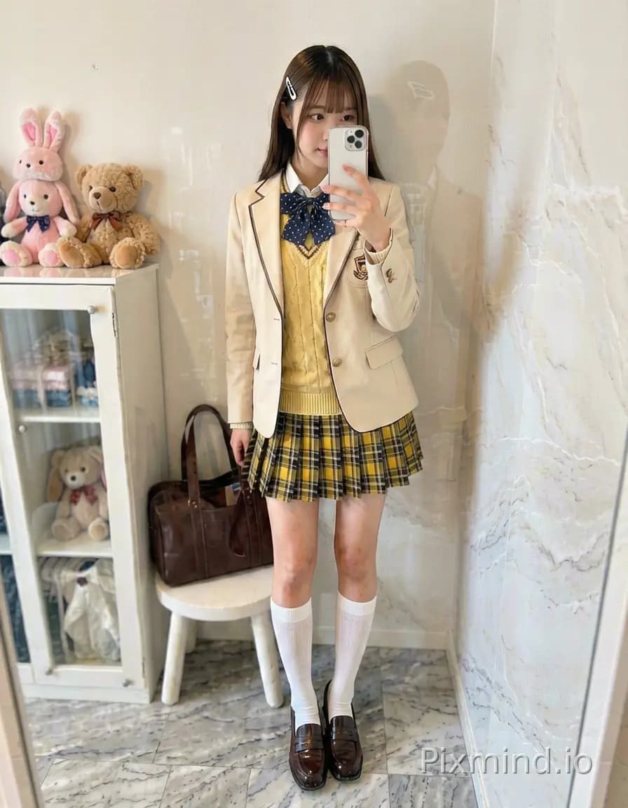 全身对镜自拍，年轻可爱的日本女高中生，深棕色带齐刘海长直发，细小白发夹，手持白色智能手机遮挡脸部，靠在白墙边，身材纤细，JK制服：带校徽的米白色学院西装外套、鹅黄色针织背心、藏蓝色波点蝴蝶结领结、黄黑格纹百褶超短裙、白色中筒袜、深棕色亮皮…