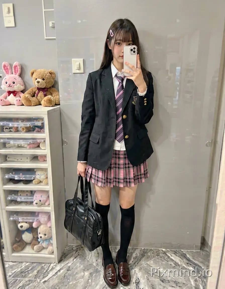 全身对镜自拍，纤细年轻的日系JK女学生，带齐刘海的深棕色长直发，发间别着粉色小发夹，手持白色智能手机挡住脸部，倚靠在浅灰色墙边，穿搭：胸口带有金色纽扣和校徽的黑色校供西装外套，内搭白衬衫，紫粉条纹领带，粉黑格纹百褶迷你短裙，黑色过膝长筒袜…