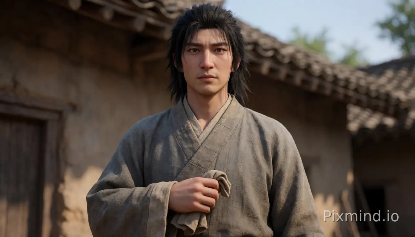 セミリアルな3D全身キャラクター、古代中国の青年学者「趙策」、20歳男性、背が高くがっしりとした体格、はっきりとした鋭い角張った顎のライン、真剣な時には引き締まった隆起した顎の筋肉、幅広く力強い手のひら、微細な毛穴のある自然な人間の肌の質…