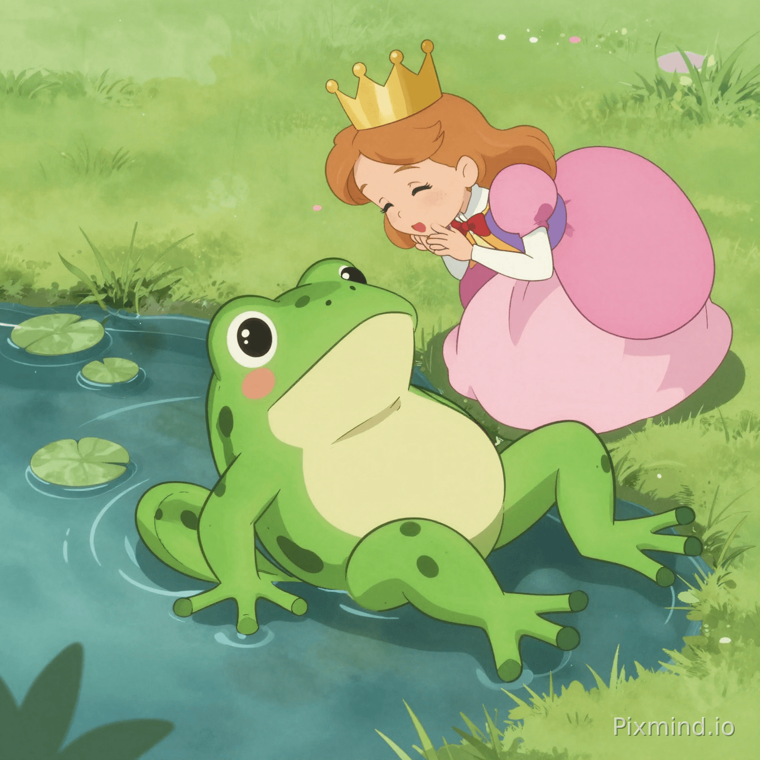アニメ風、一匹のカエルが池で気絶し、お姫様にキスされて目覚め、そして王子に変わる