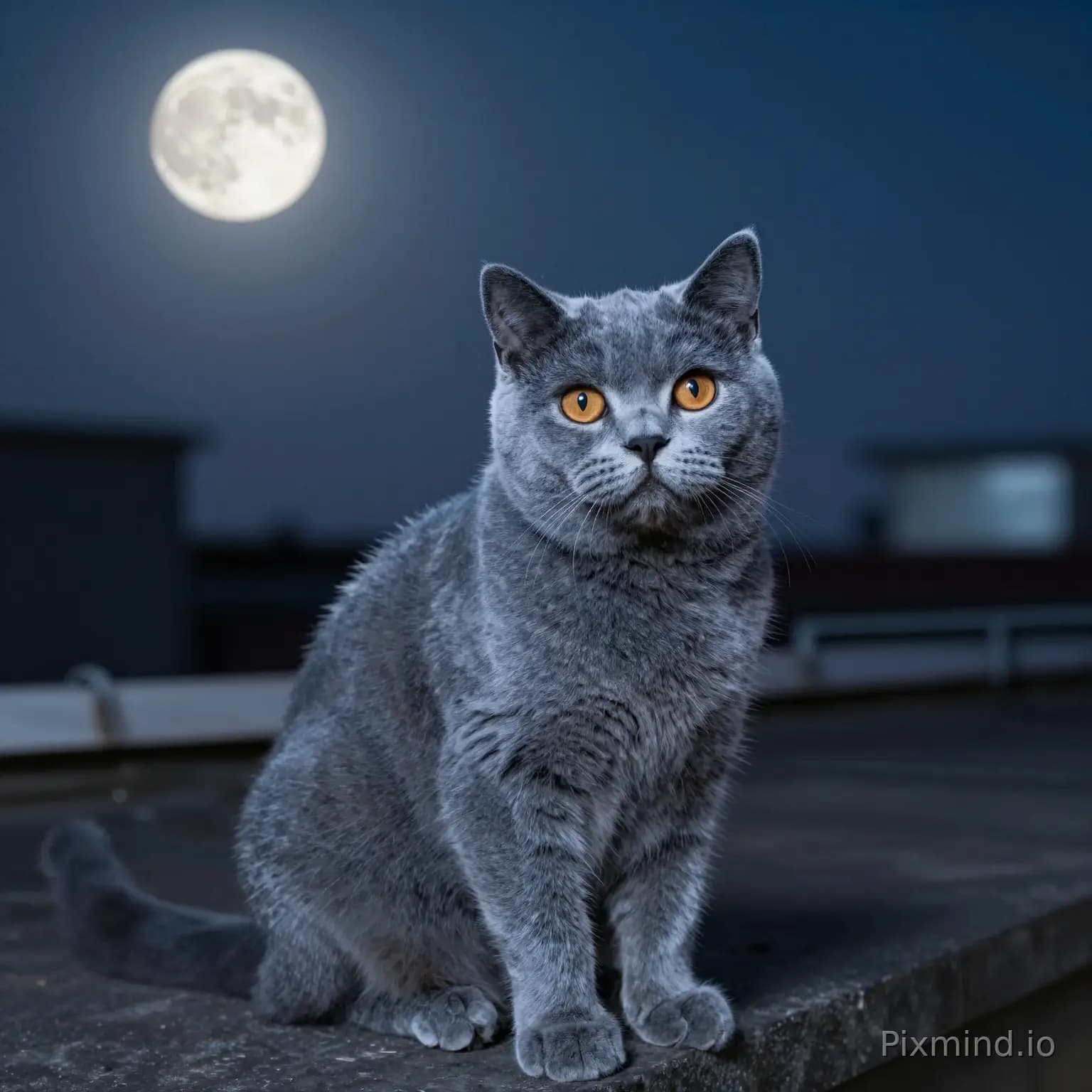 Een schattige blauwe kat zit op een dak onder het maanlicht