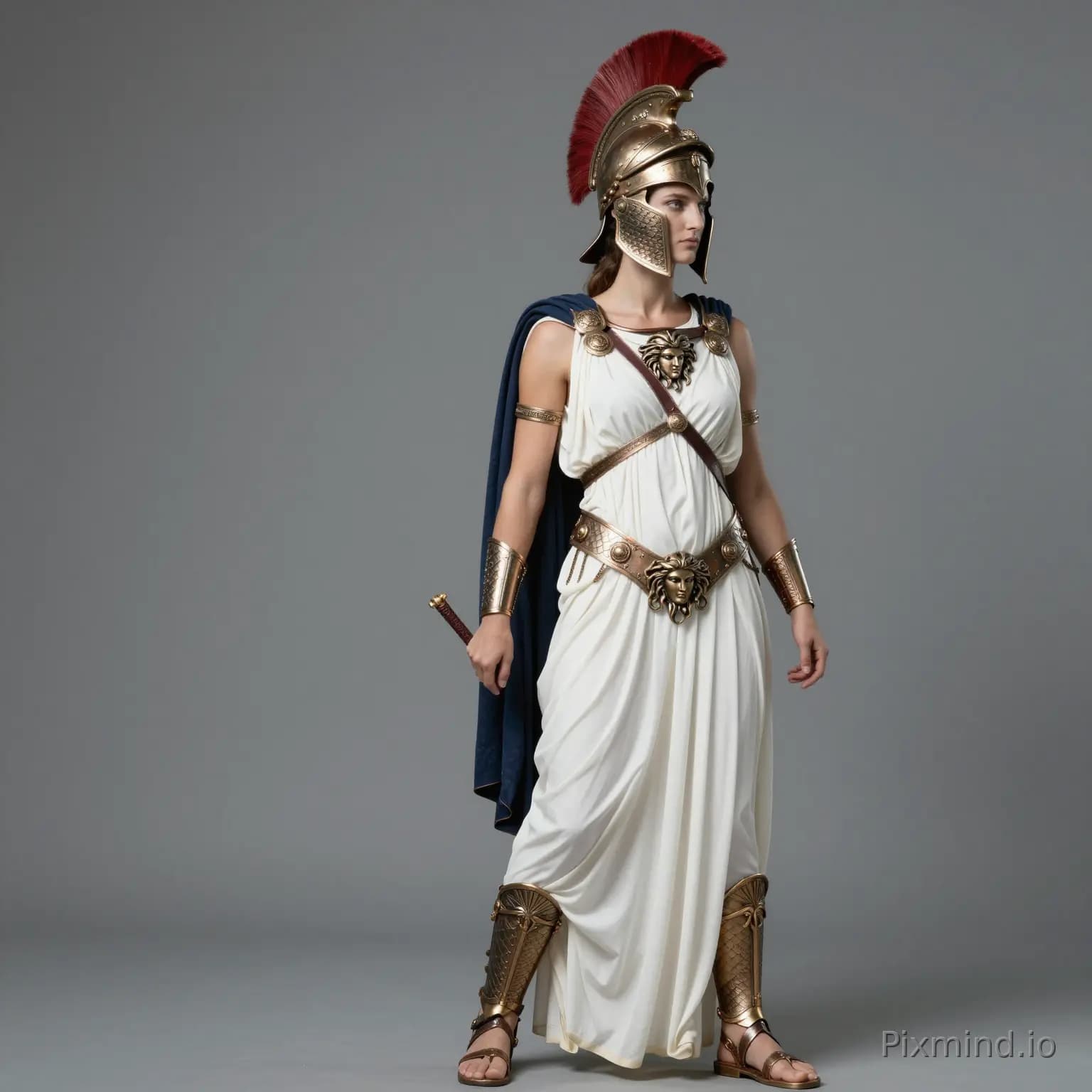 Athena — Godin van Wijsheid en Oorlog Een oud-Griekse krijger-geleerde die een smetteloze witte mouwloze chiton draagt…