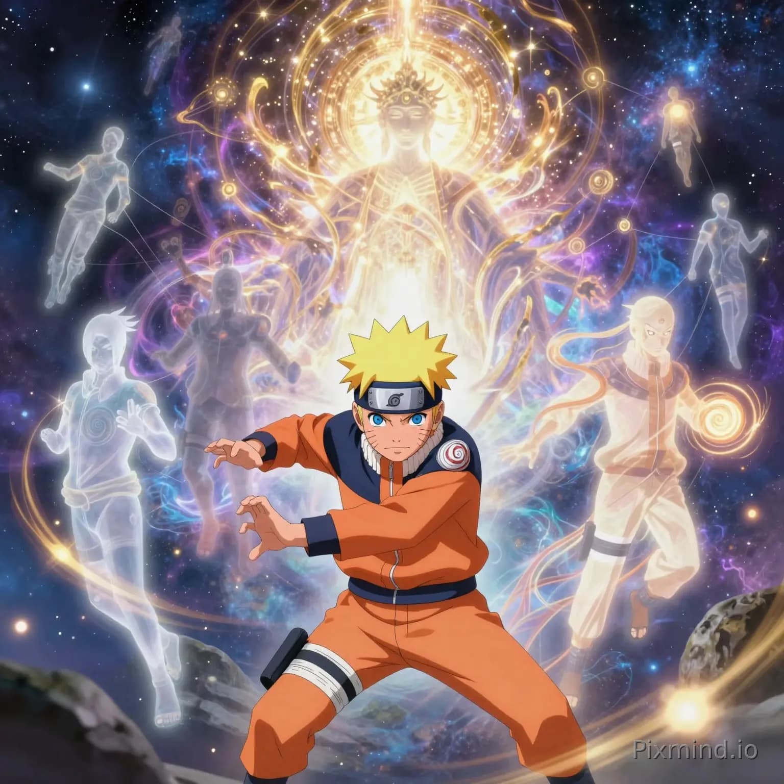 『NARUTO -ナルト-』の影分身の術にインスパイアされた、深遠な哲学的芸術作品。 画面前景には、幼い頃のうずまきナルトが、お馴染みのオレンジ色の衣装を身につけ、固い眼差しで、まさに忍術を発動する動的な瞬間にいる。彼の周りには、半透明で…