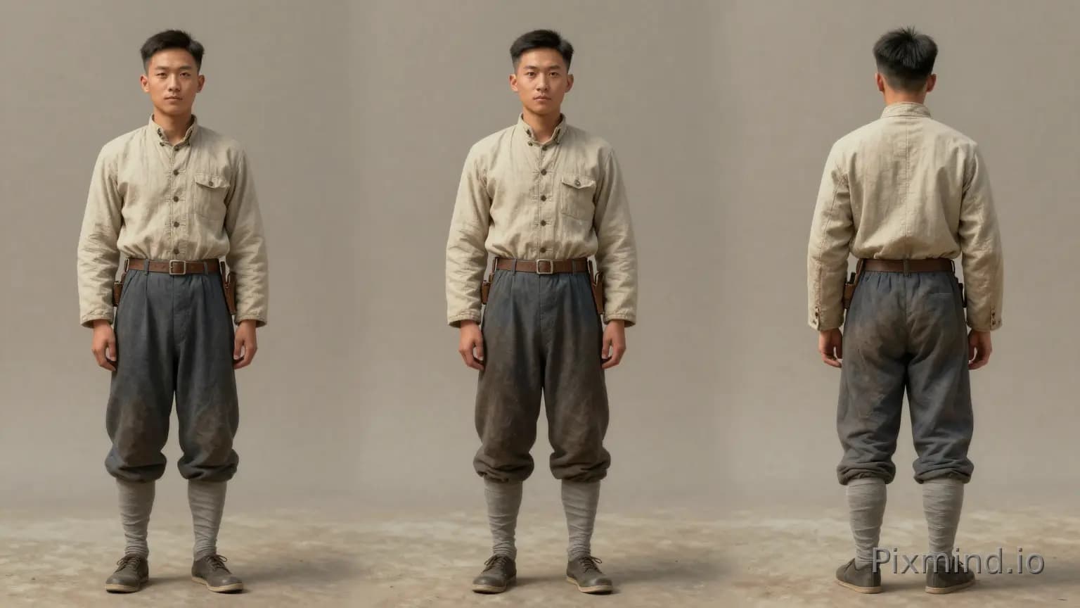 1935年の中国の農民青年男性の三面図を生成。写実性を要求。