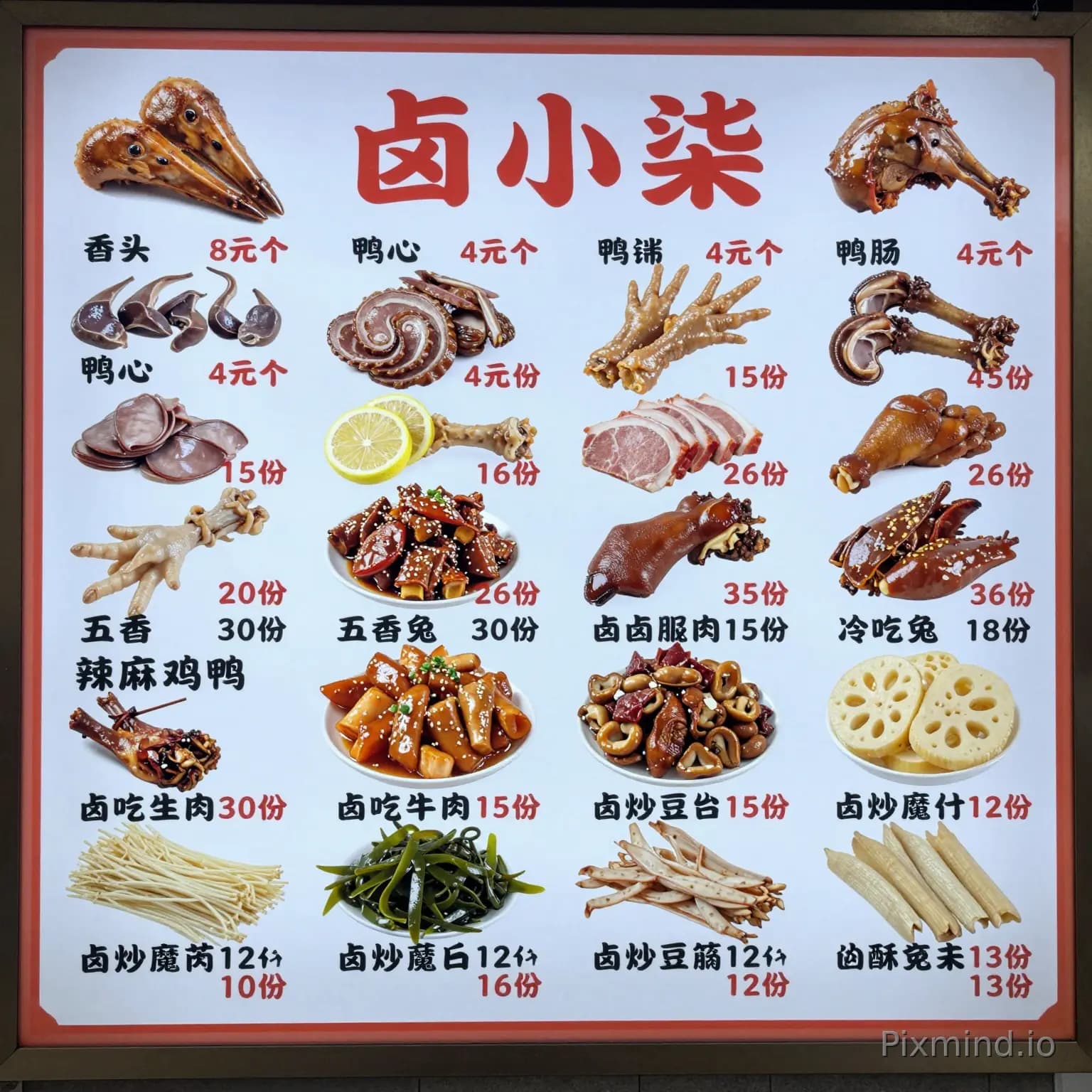 Hoogte 1.18 Breedte 0.58, Lu Xiaoqi menukaart, één exemplaar, Inhoud: Eendenkop 6 yuan per stuk Eendenpoot 8 yuan per s…