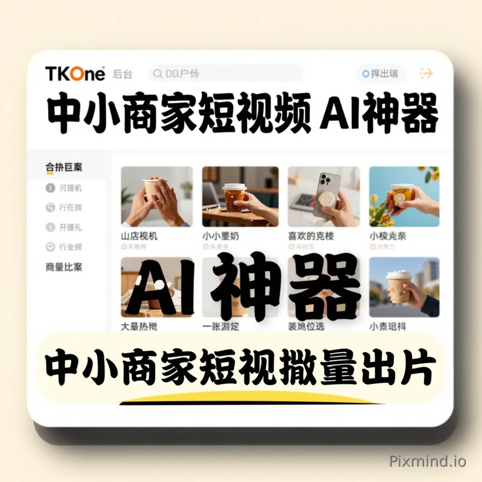 封面首圖（必放，抓點擊率） 主視覺：TKOne 後台 11 大行業模板合集截圖 加醒目大字貼紙：中小商家短影音 AI 神器｜一張圖批量出片 風格：明亮簡約，淺底色突出軟體介面，適合電商 / 本地生活商家