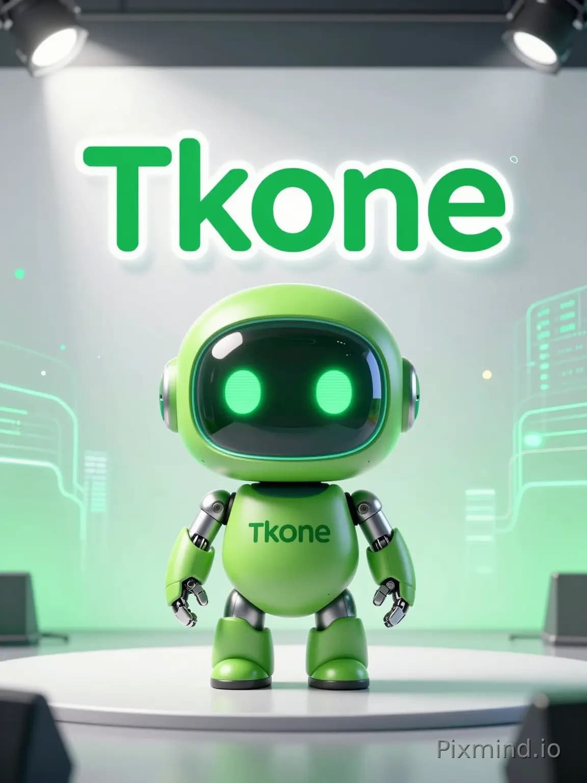 Hoofdvisuele poster voor de lancering van het bedrijf Tkone. In het midden van het beeld staat een schattige groene rob…
