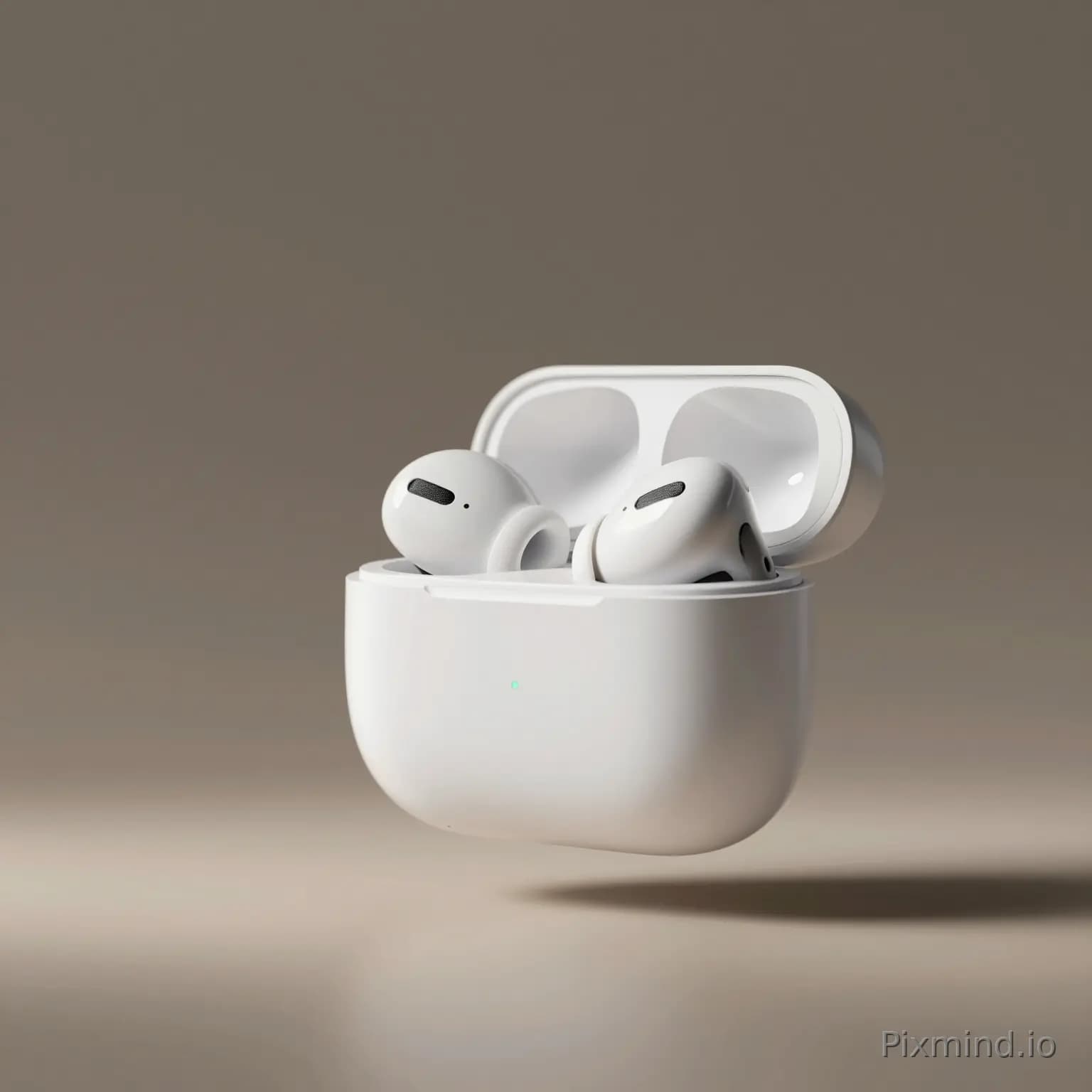 Een hoogwaardige Bluetooth-koptelefoon, wit minimalistisch ontwerp, zwevend in de lucht, achtergrond met zachte verlich…