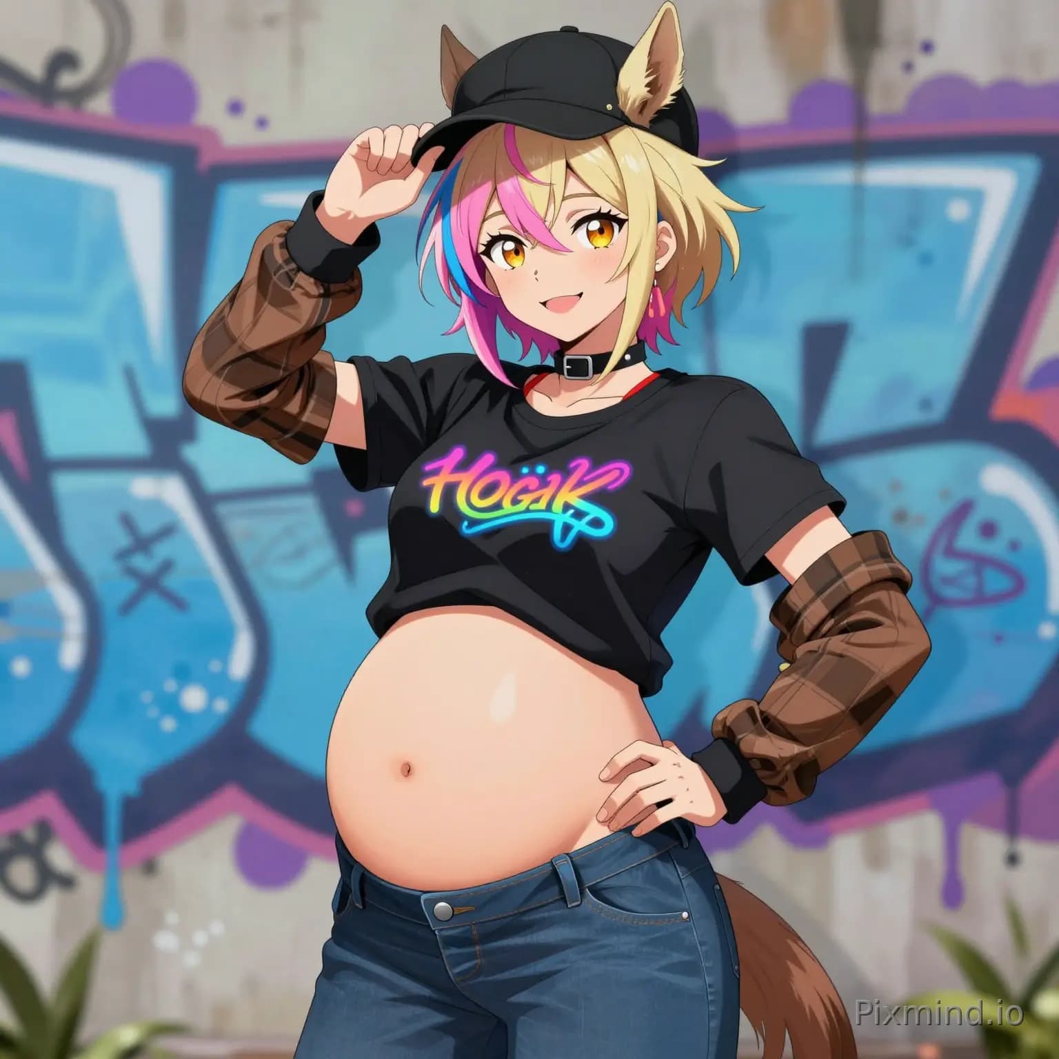 1人の少女、horse girl、uma musume、ボーイッシュ、可変髪色（独自の色に置き換えてください、例：ピンク/青/金）、短い乱れ髪、ふわふわの馬の耳、琥珀色の瞳、自信に満ちた微笑み。 服装：黒の短いクロップドTシャツ（ネオング…