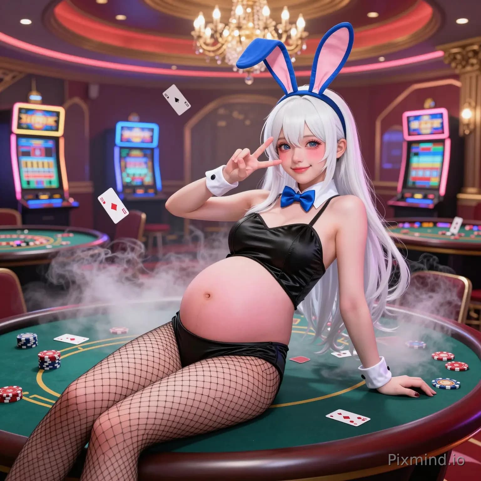 Masterpiece, best quality, anime style, 1girl, pregnant (9 months), prominent round belly, white long hair, pink rabbit…