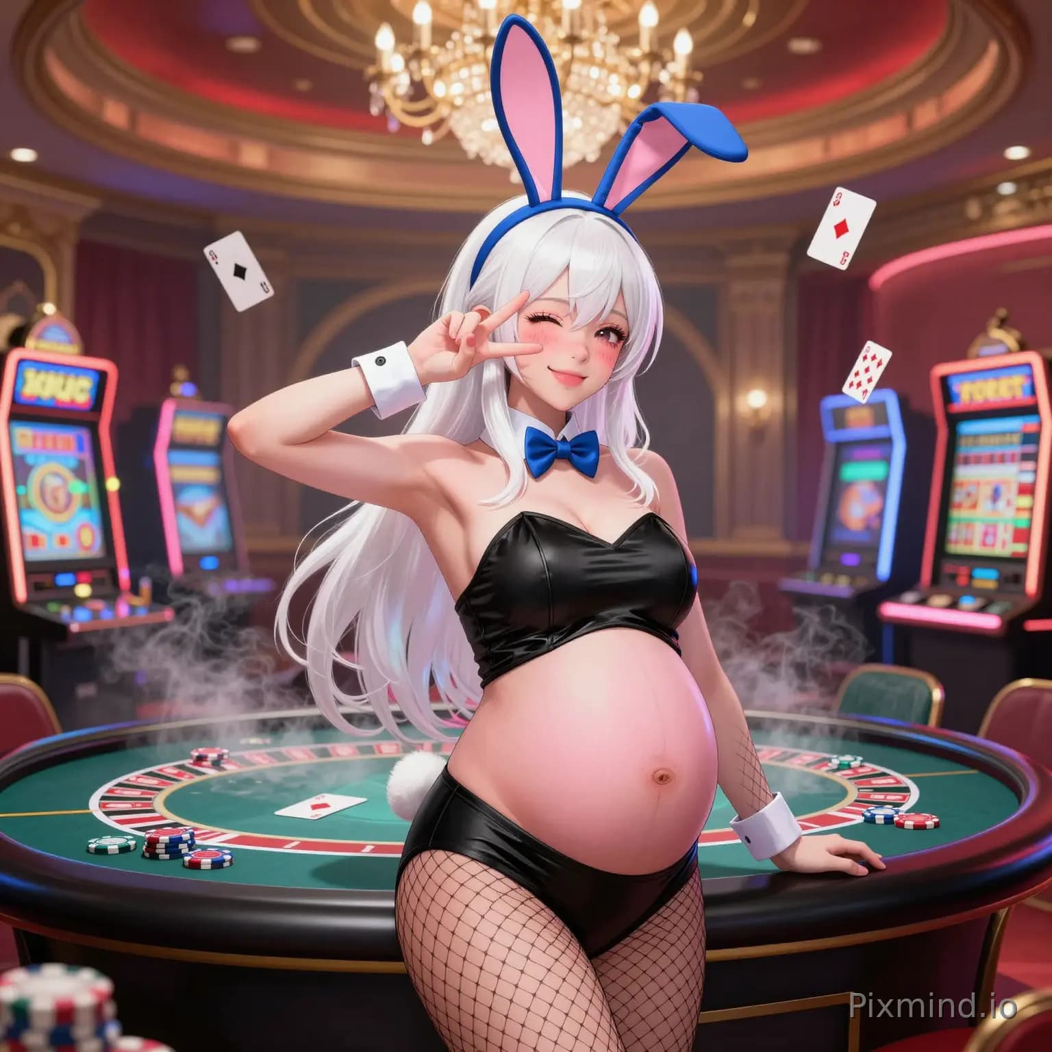Masterpiece, best quality, anime style, 1girl, pregnant (9 months), prominent round belly, white long hair, pink rabbit…