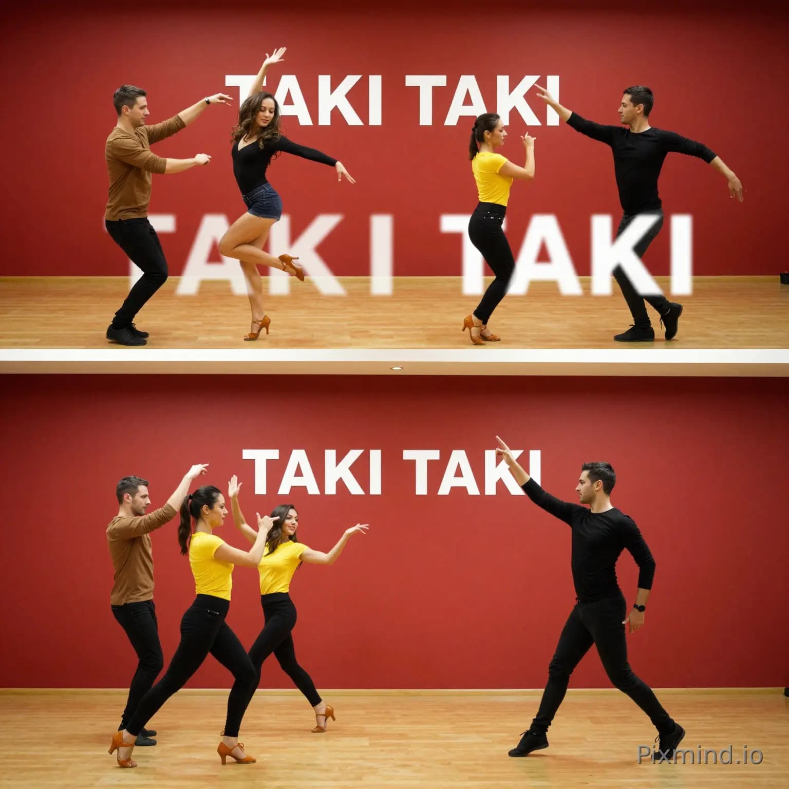 【No. 1 | Duration: 10s】 Shot Type: Medium shot Scene: Dance Studio Camera: Static Color Tone: Warm, vibrant red backgro…
