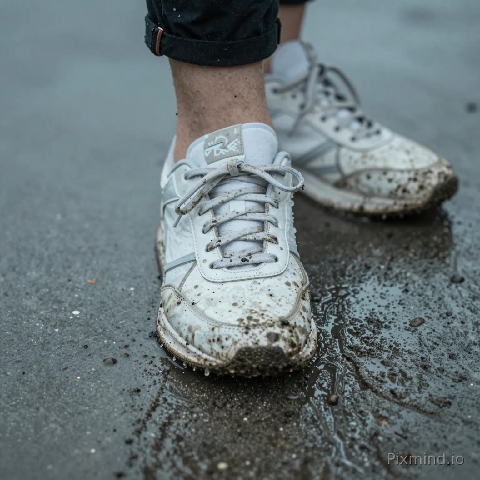 磨损 · 风雨泥泞 俯拍，白色运动鞋踩在湿水泥地上，鞋头溅满泥点，鞋面打湿，水花四溅，光线阴沉 电影感写实摄影，冷色调，浅景深，细节丰富。俯拍视角，白色运动鞋踩在湿漉漉灰色水泥路面，鞋头溅满泥点，鞋面被雨水打湿，水花四溅，光线阴沉清冷。8…