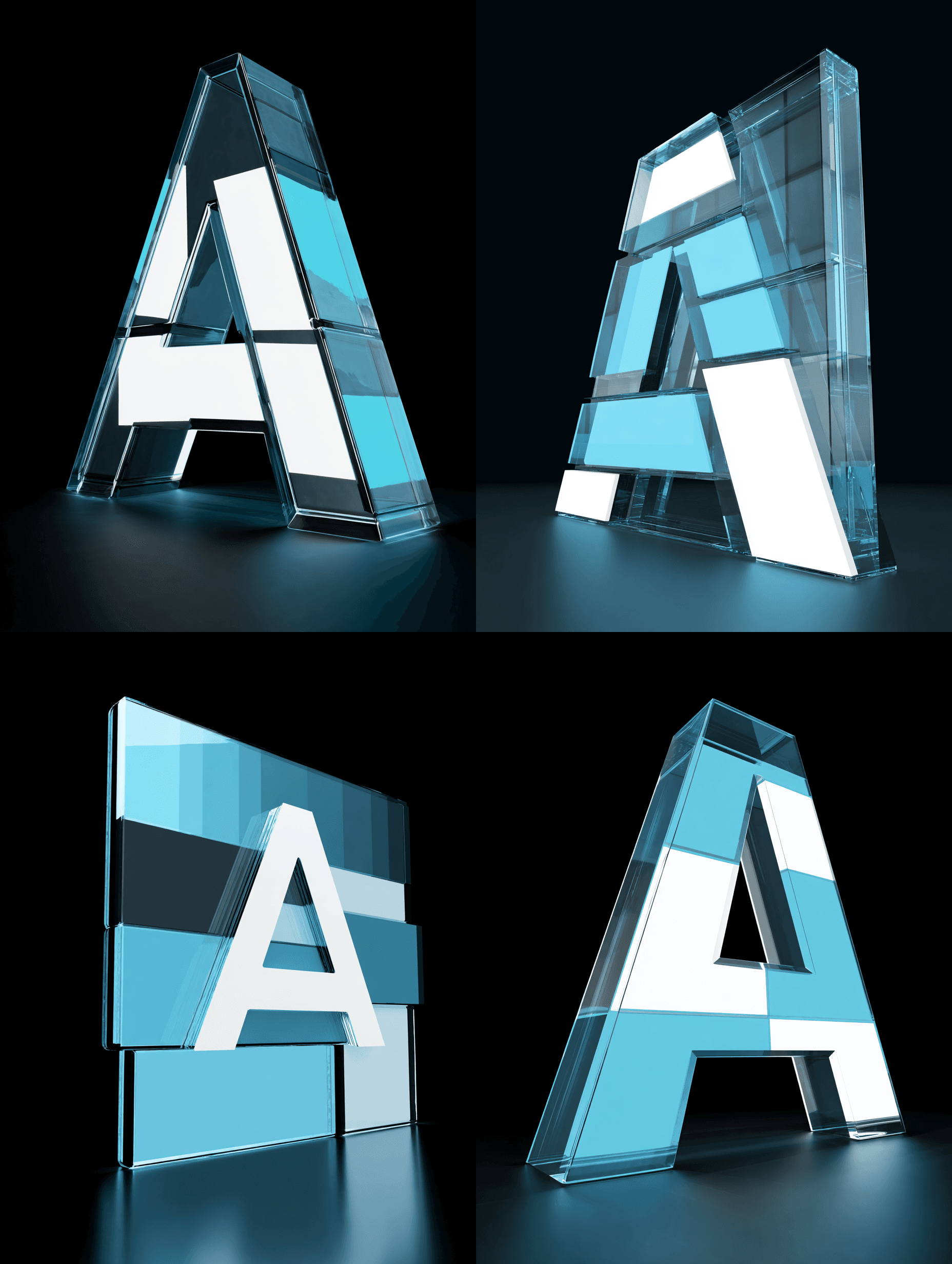 A highly detailed, three-dimensional, translucent glass rendering of a stylized letter "A" logo, with a subtle light bl…