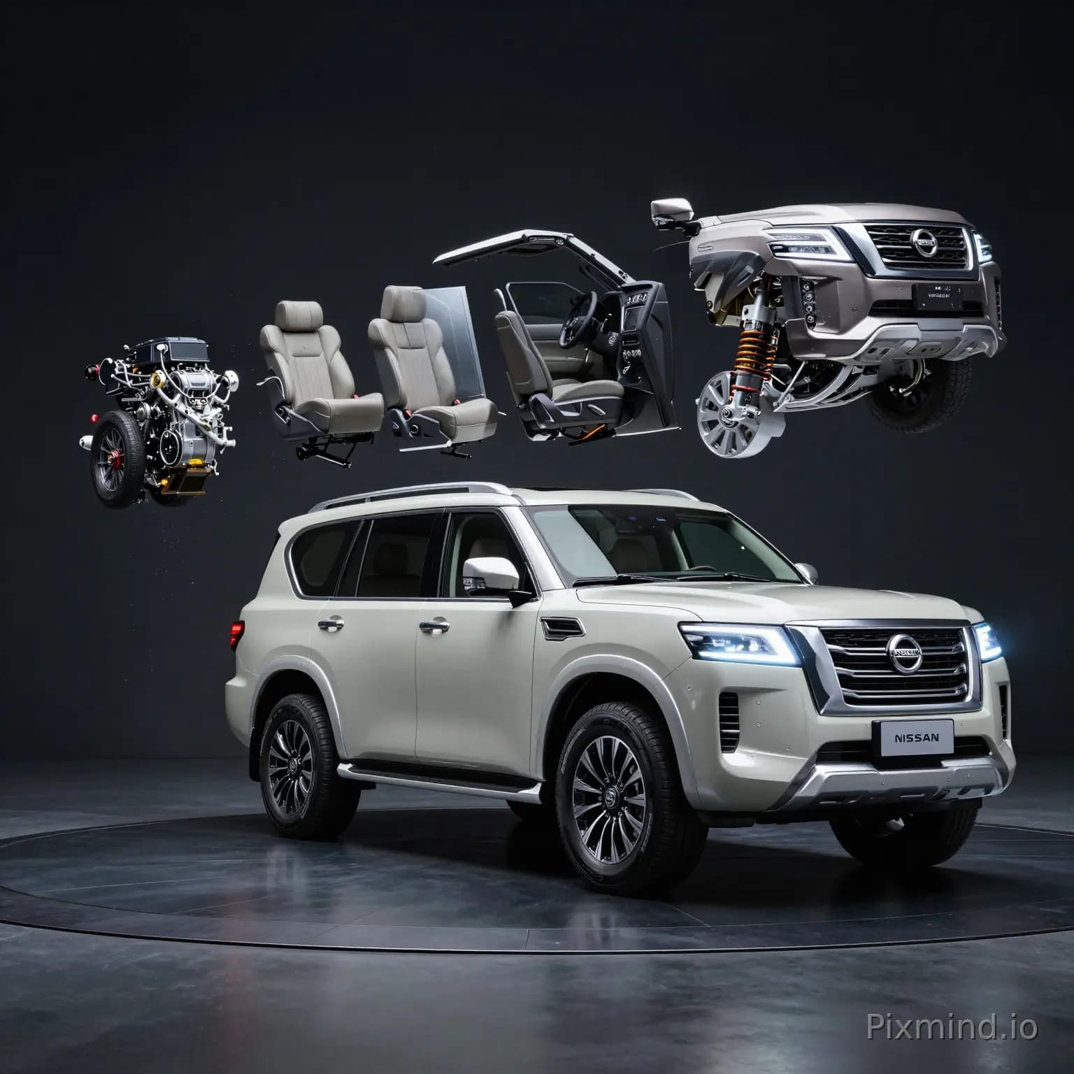 Create an ultra-realistic cinematic automotive commercial featuring a Nissan Armada in a premium dark studio environmen…