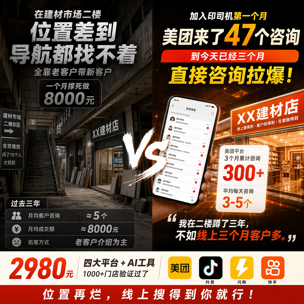 这个门店在建材市场二楼，位置差到导航都找不着。 之前全靠老客户带新客户，一个月撑死做8000块。 加入印司机第一个月，美团来了47个咨询 到今天已经三个月直接咨询拉爆 他说了句特别扎心的话： "我在二楼蹲了三年，不如线上三个月客户多。"…