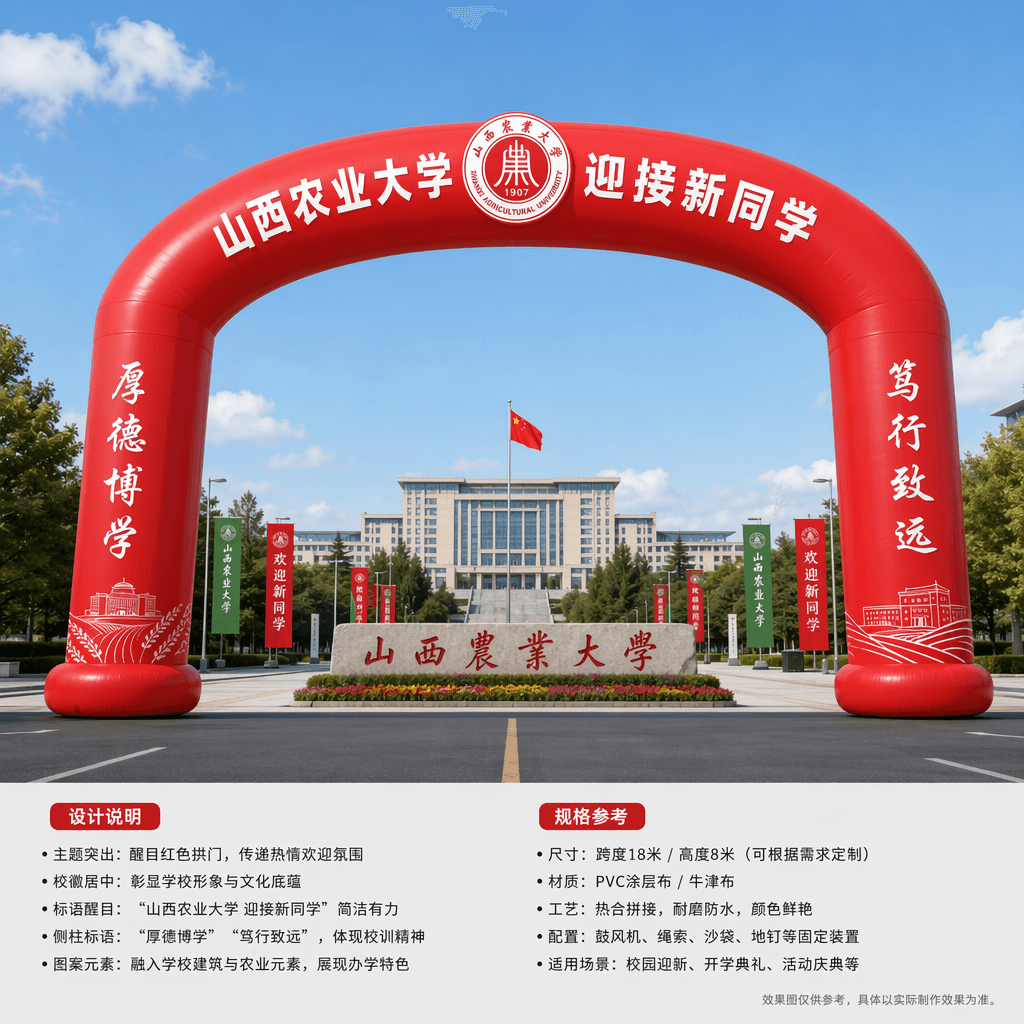 做一个山西农业大学 迎接新同学的 气柱拱门效果图