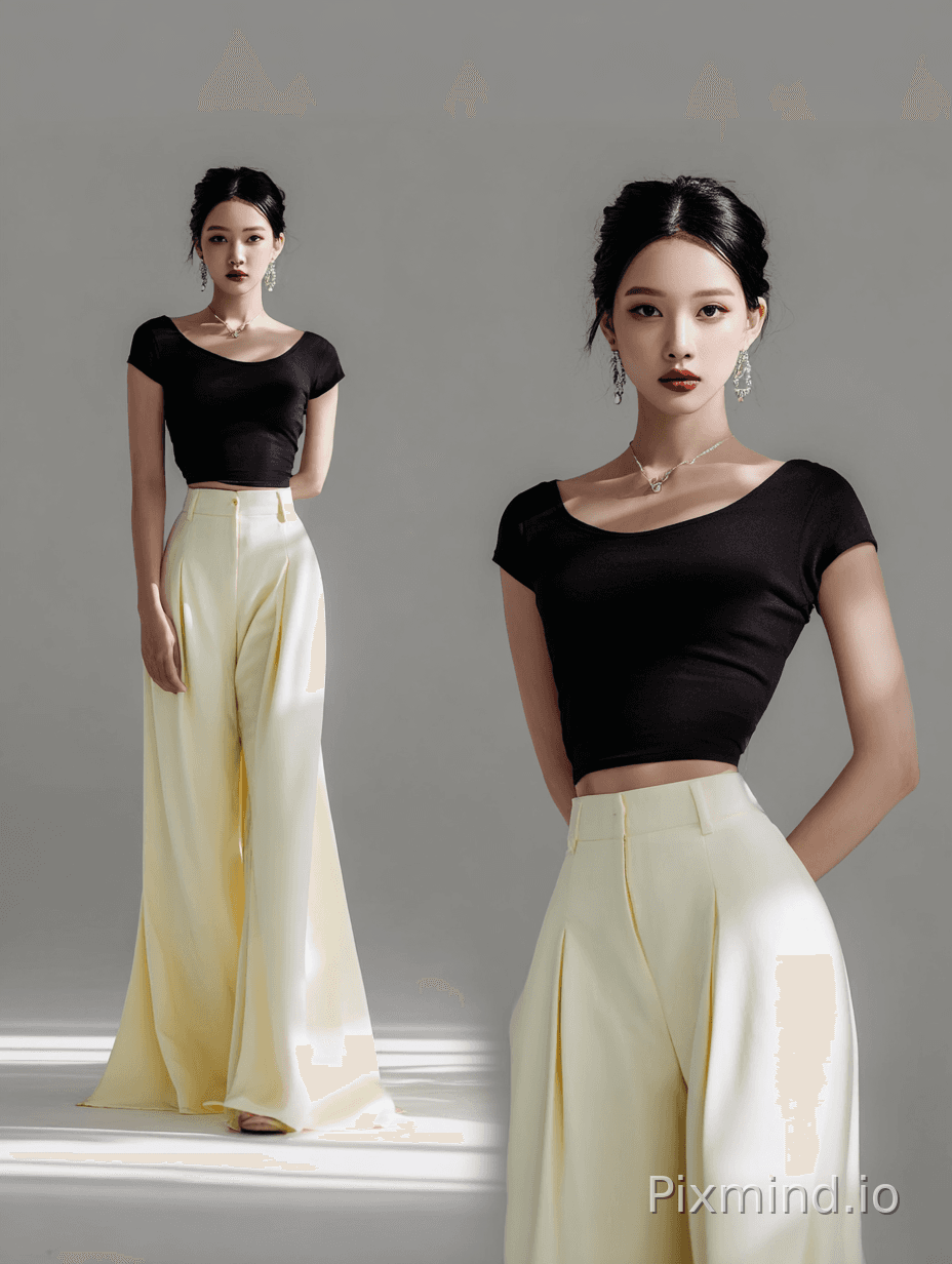 A beautiful East Asian female model, with an elegant updo, similar to the model in reference image [1]. She is now wear…