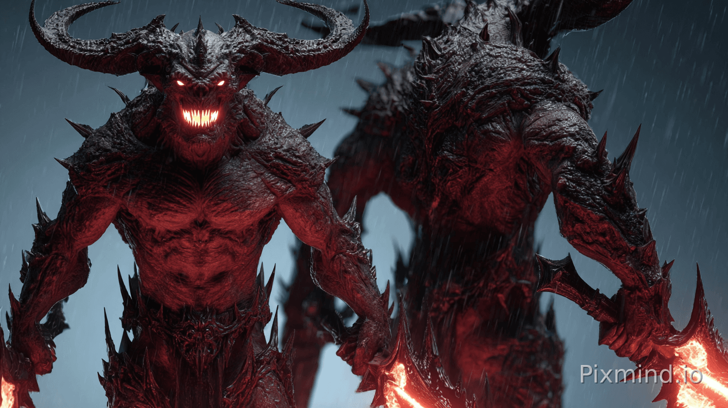 Cinematic extreme low angle hero shot, guided by reference. Lucifer the Prime Evil demon lord walking forward slowly in…