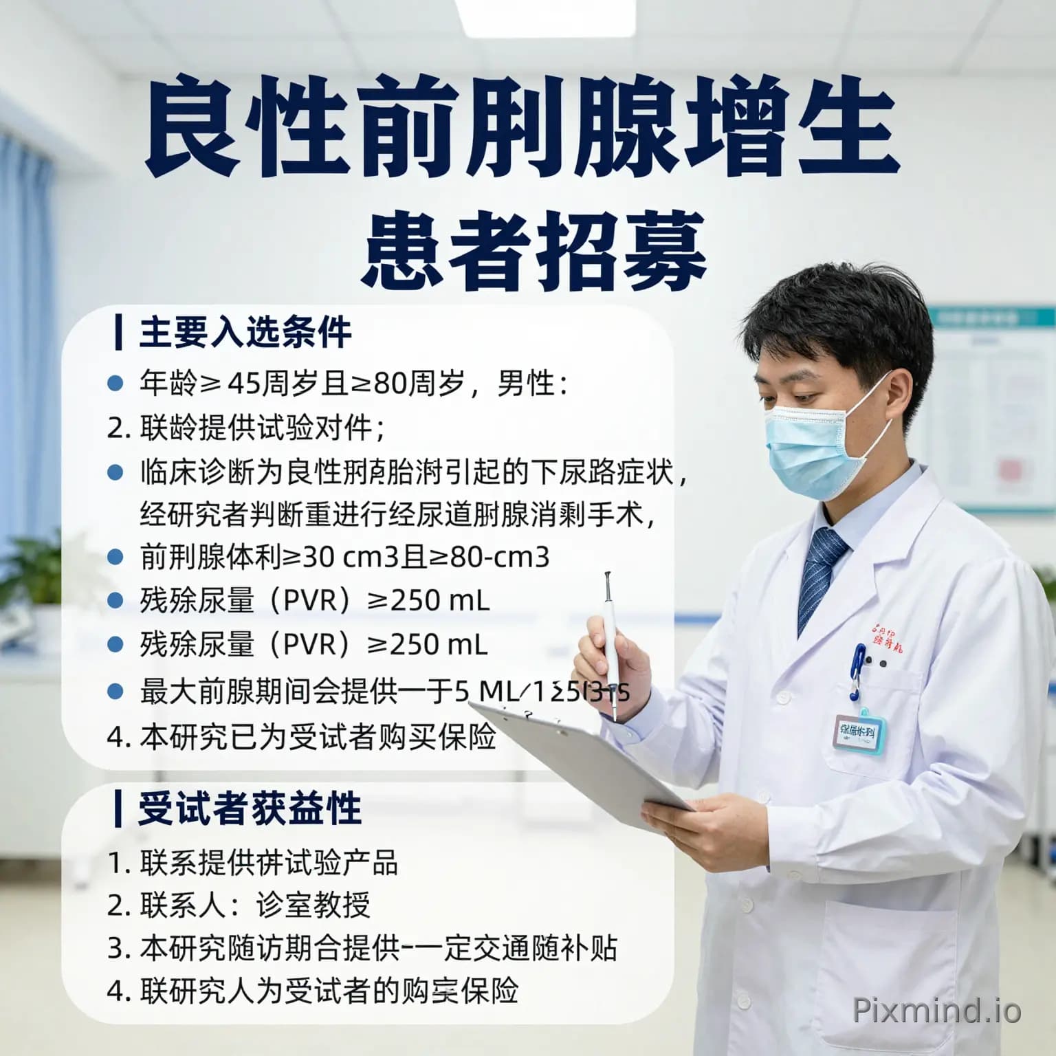 主标题：良性前列腺增生 患者招募 尊敬的先生： 本院正在开展一项“多中心、随机对照、优效性临床研究评价一次性使用陡脉冲消融电极针配合陡脉冲治疗设备用于良性前列腺增生治疗的安全性及有效性”临床研究，本研究在全国多家三甲医院同时进行，我院作为…