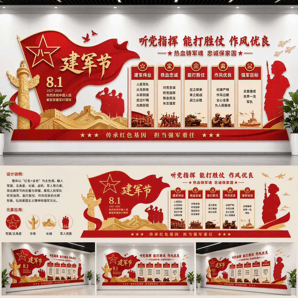 文化墙 提示词: 做一套八一建军节的 宣传文化墙